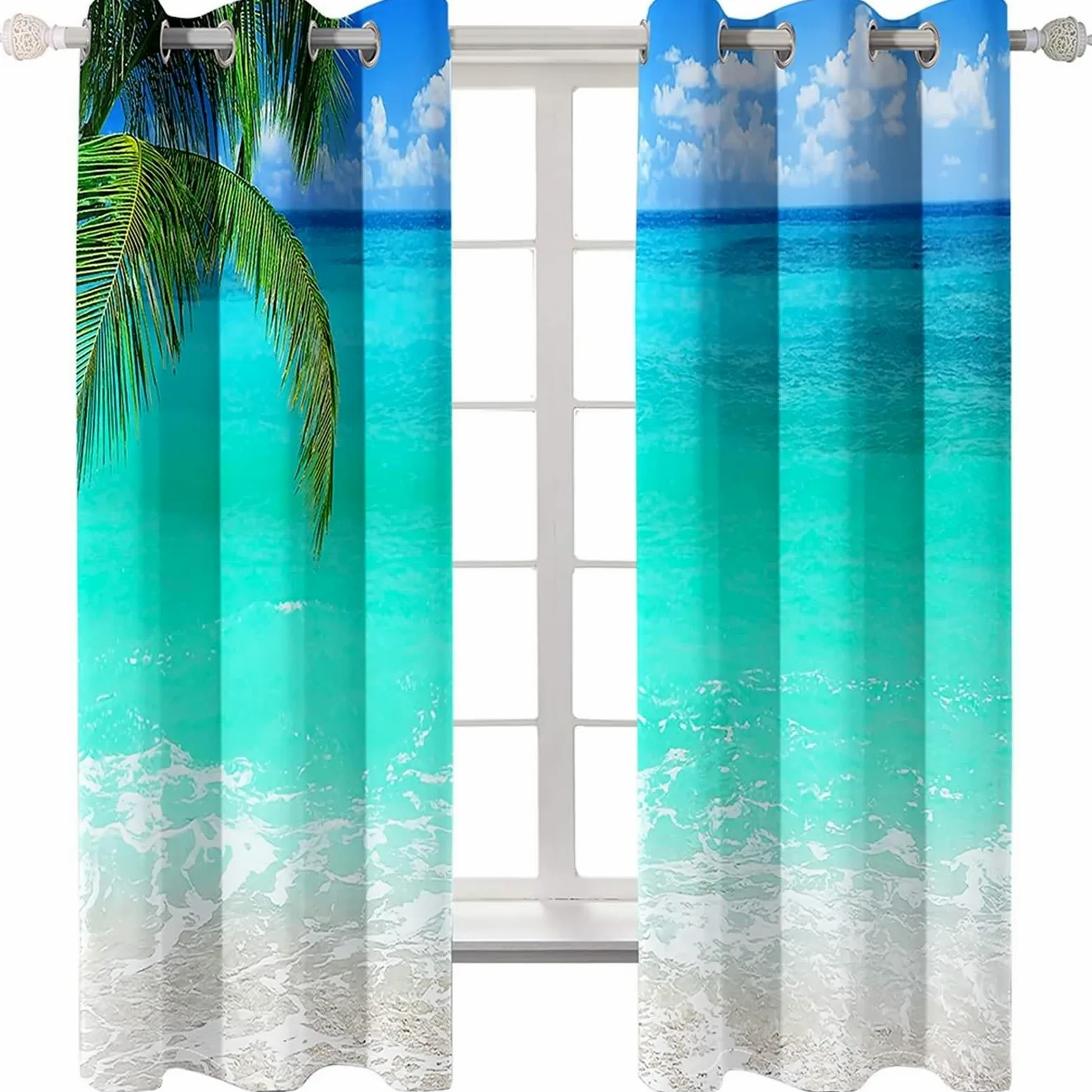 Rideau Occultant, Rideau Anniversaire Bleu Vert Polyester Paysage de Feuilles de Palmier de Mer 102L x 229H CM Lot de 2