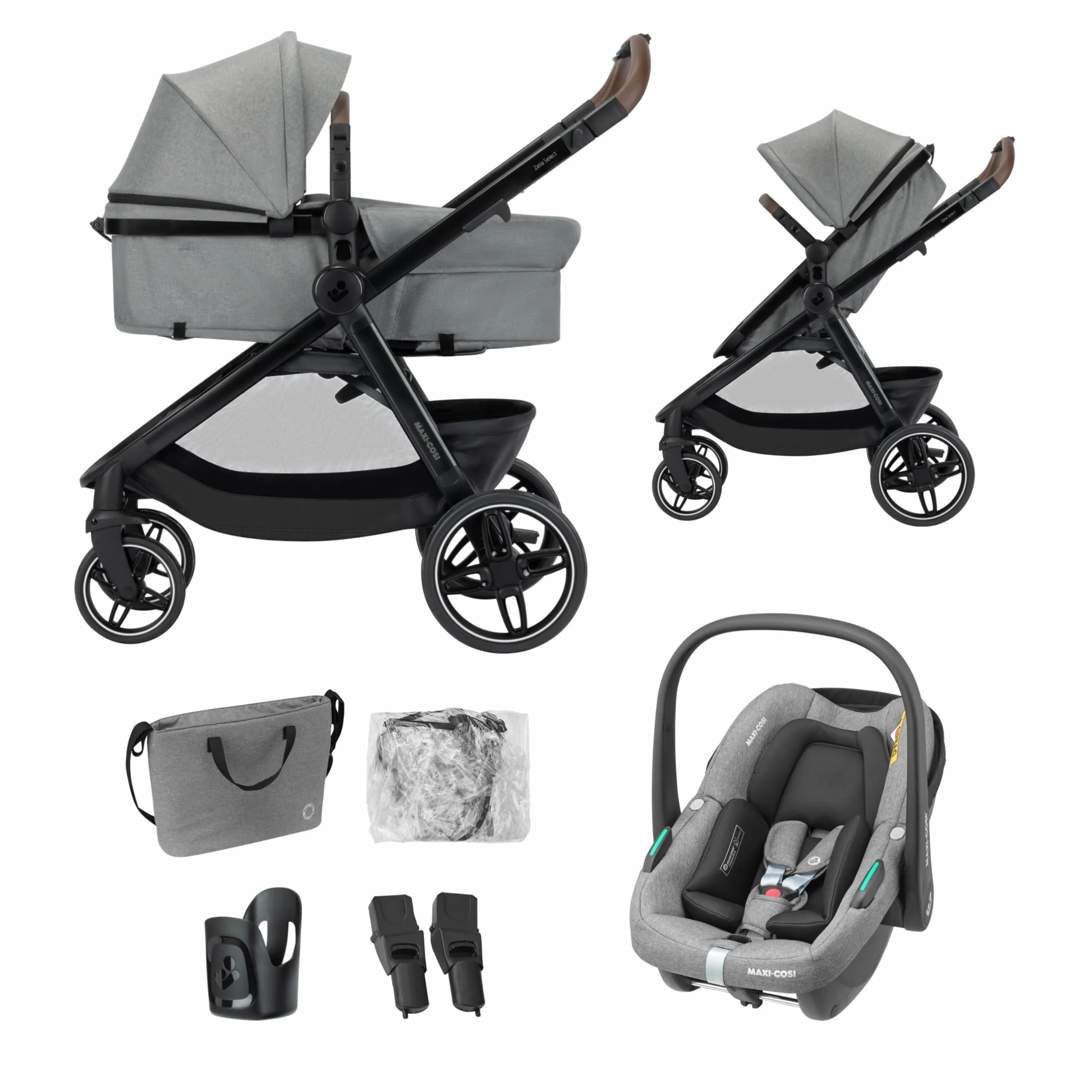Maxi Cosi Zelia Select Trio Poussette 3 en 1 Siège auto Bébé CabrioFix S i-Size Gris 0-4 ans 0-22 kg Pliage Une Seule Main Compacte Réversible