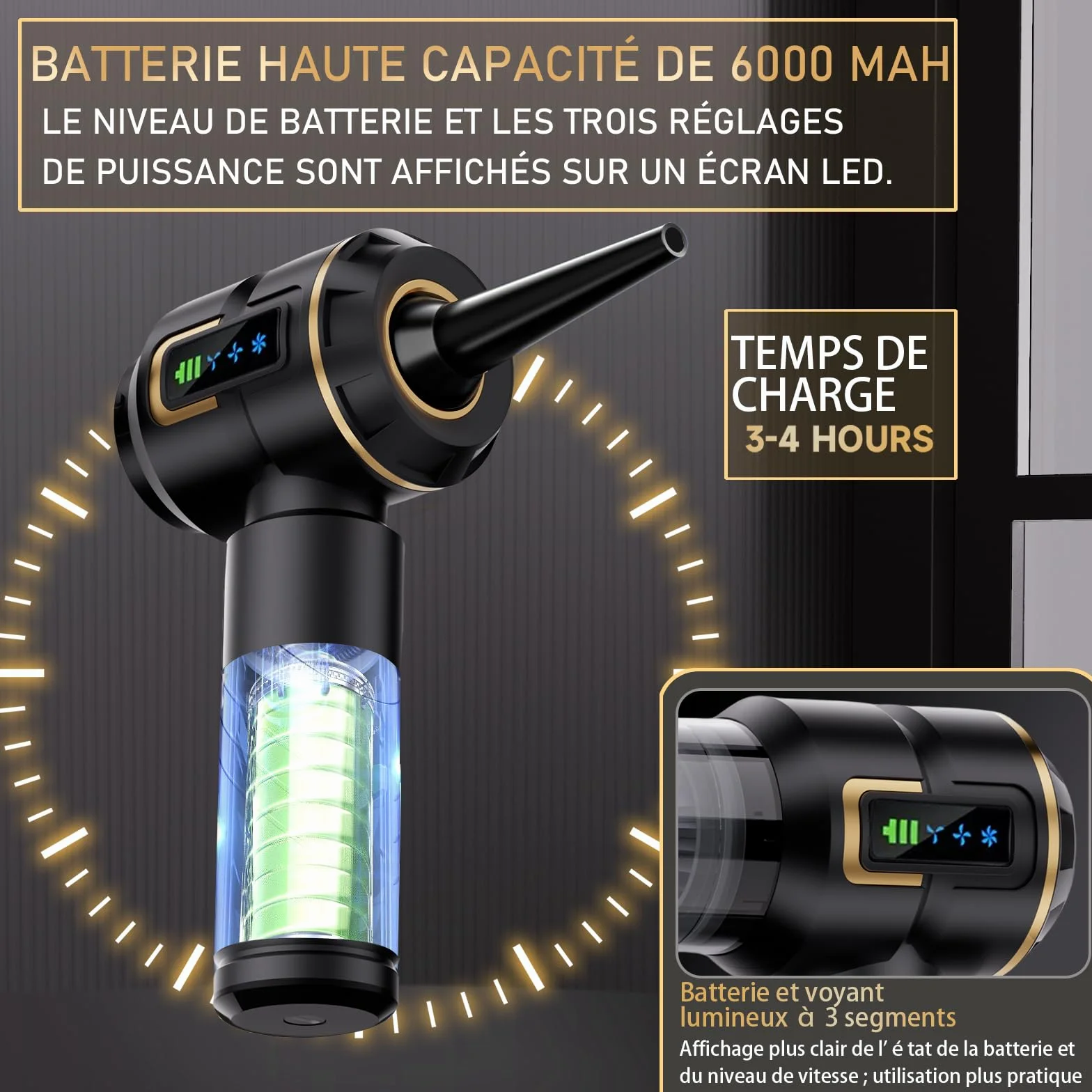 Aspirateur à Main Rechargeable 27000 Pa Sans Fil 220000 Tr/min Nettoyage Voiture Bureau Poils Animaux