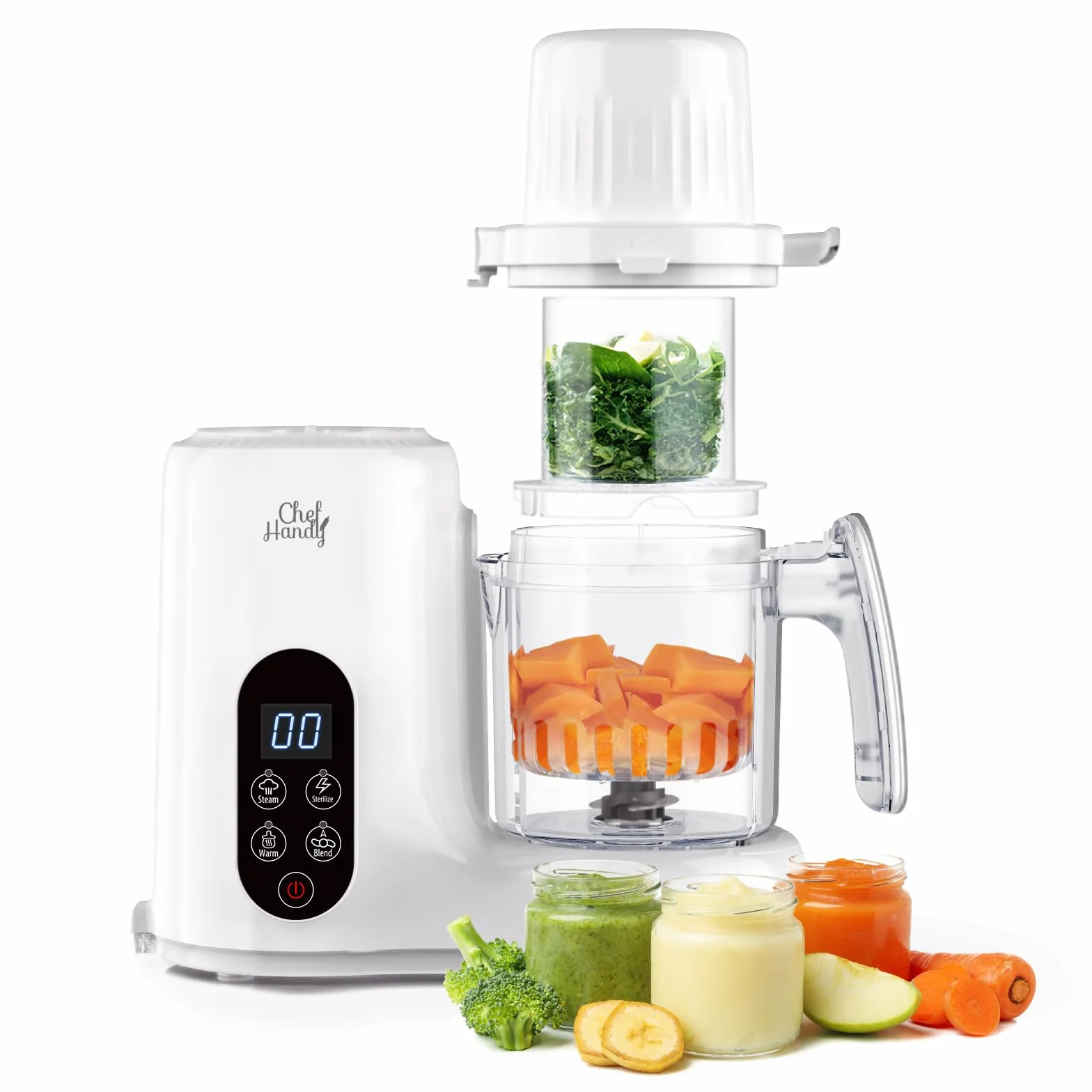 Chefhandy Robot Cuiseur Bébé 5 en 1 – Mixeur Cuiseur Vapeur Double, Chauffe-Biberon, Écran Tactile Blanc