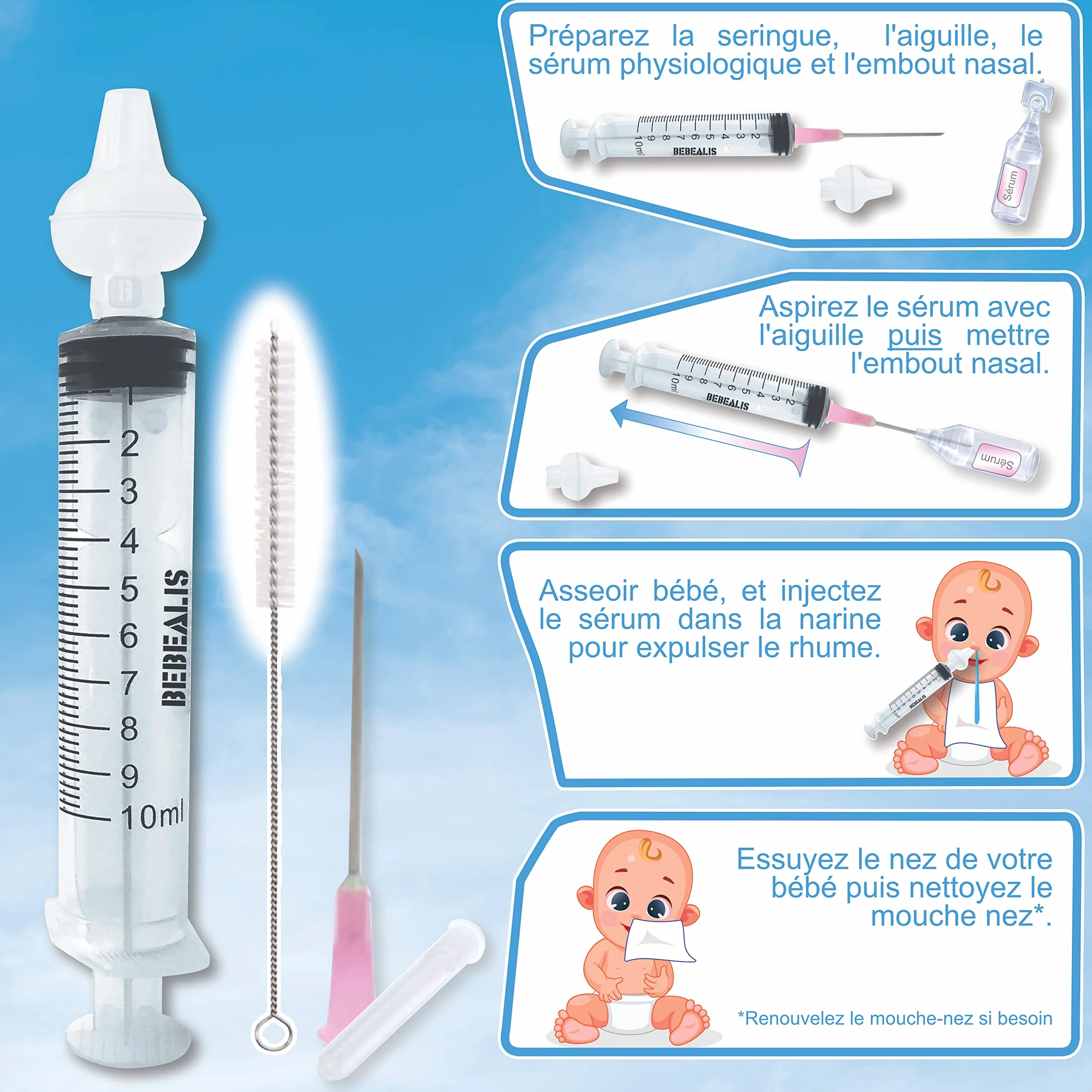 Mouche Bebe Seringue Nasale Bébé Normes NF Embouts Silicone Pointe Pipette Trousse Soin Irrigateur Nez Enfant Nourrisson Pack x4