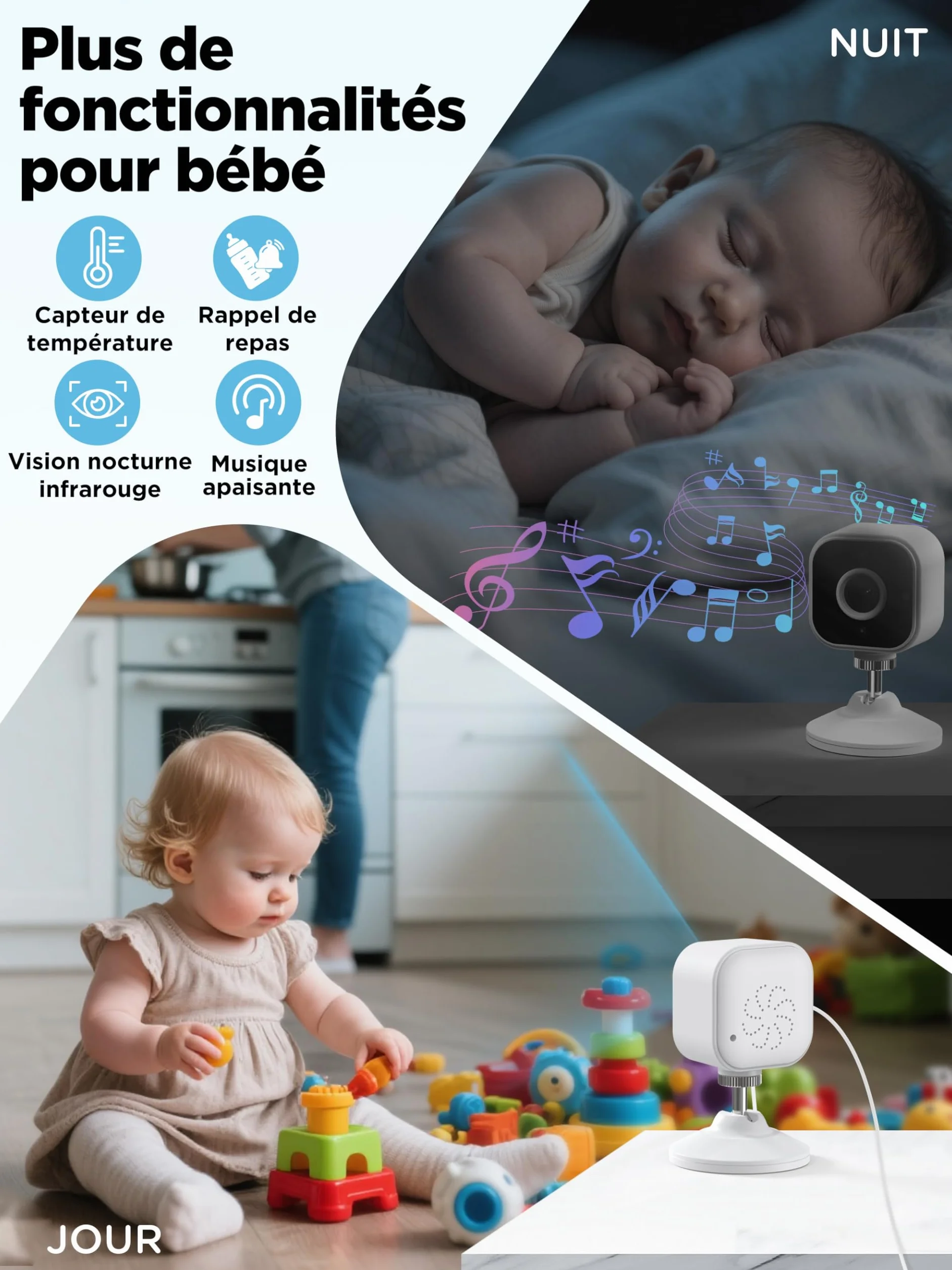 Babyphone Camera sans WiFi, Surveillance Bébé Portable 2,4 GHz, Audio Bidirectionnel, Détection des Pleurs, Vision Nocturne, Zoom 4X
