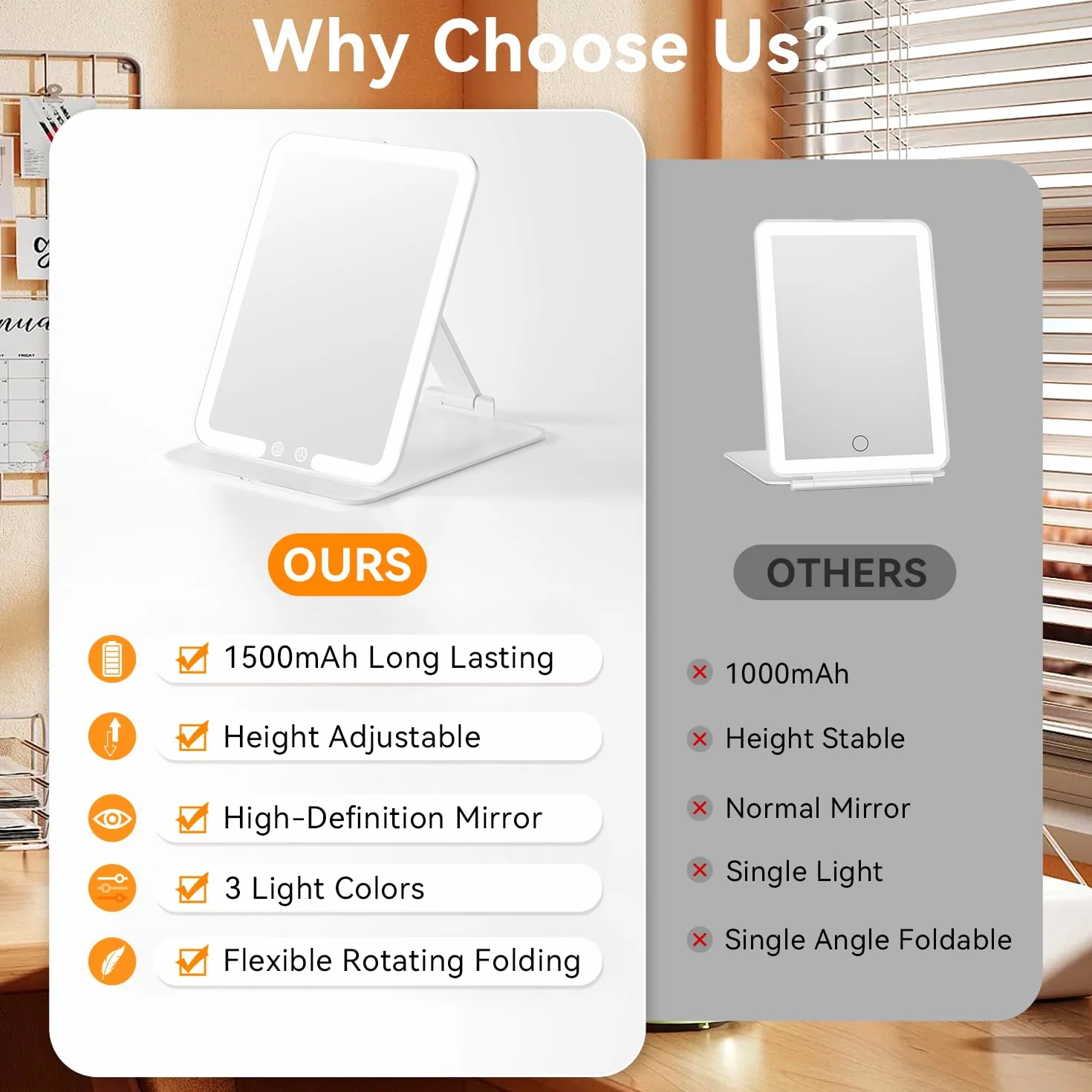 Auxmir Miroir Maquillage Lumineux Rechargeable 72 LED Pliable, Commande Tactile, 3 Couleurs Intensité Réglable Blanc