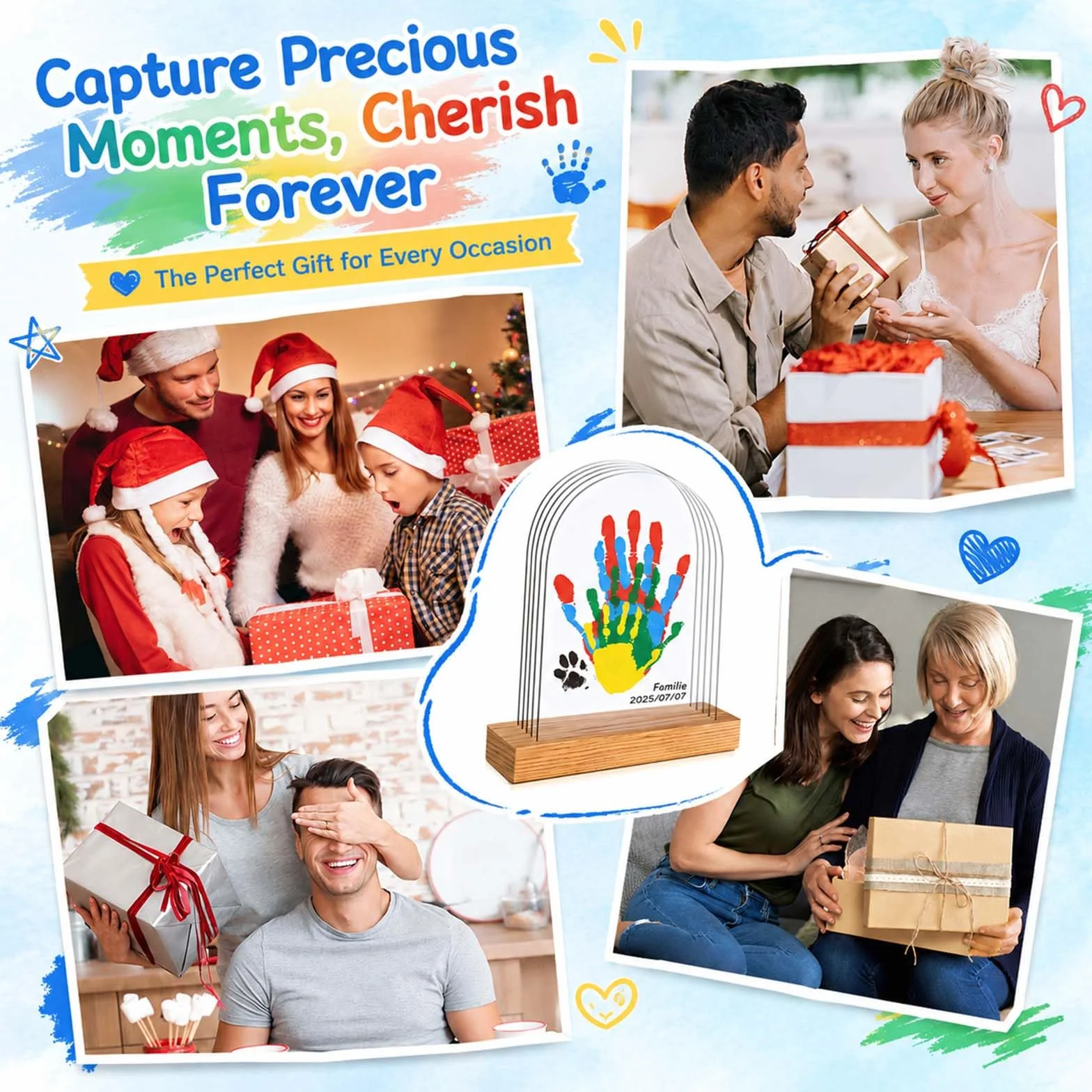 Kit Empreintes Familiales pour 5 Personnes, Peinture à Doigts Bébé Non Toxique, Cadeau de Naissance