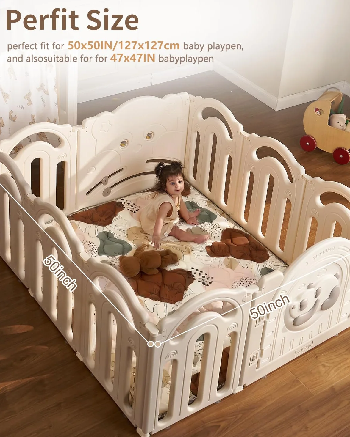Tapis d'éveil Bébé 127x127cm Antidérapant Lavable en Machine Pliable Style Bohème