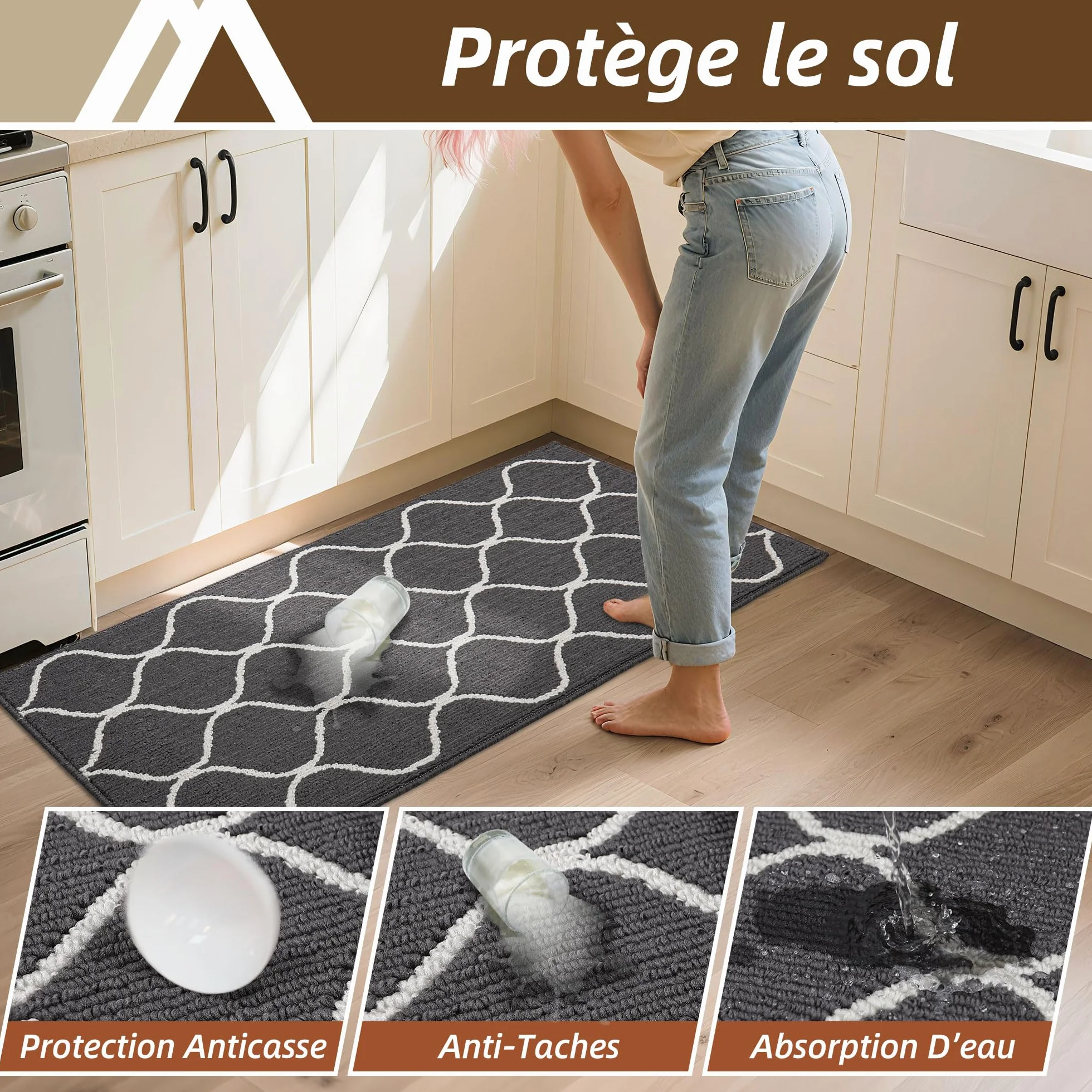 Tapis de Cuisine Antidérapant 60 x 120 cm Devant Evier Gris