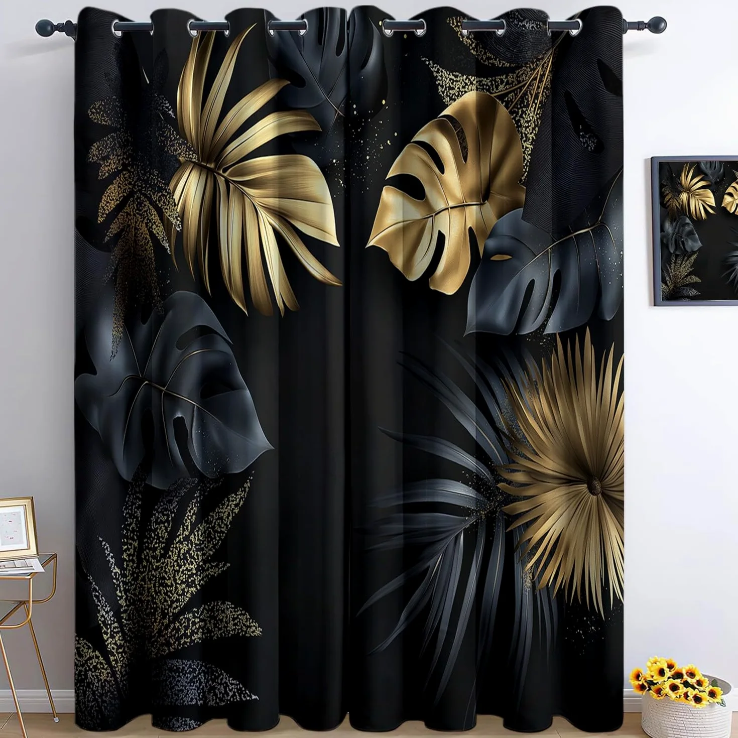 Rideau Occultant 3D Impression Feuilles Tropicales Modernes Et Élégantes Rideaux Salon Isolant Anti Froid Polyester 91.5L X 214H cm (2 Panneaux) Rideaux De pour Chambre Cuisine Décoration Noir Or