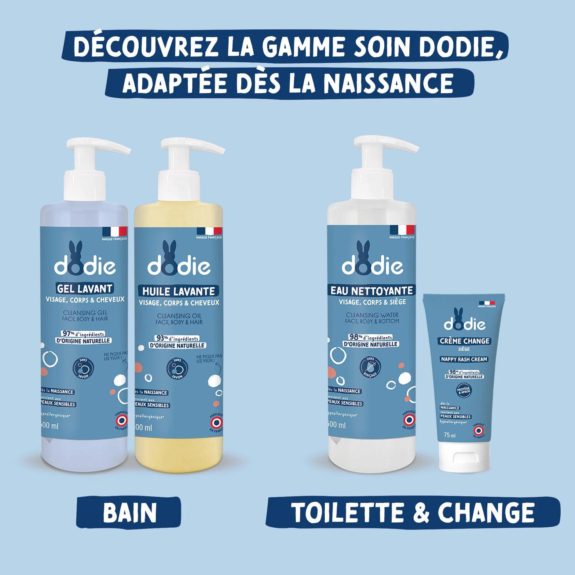 DODIE Eau nettoyante 3 en 1 500 mL Nettoyant Visage Corps Siège Hypoallergénique