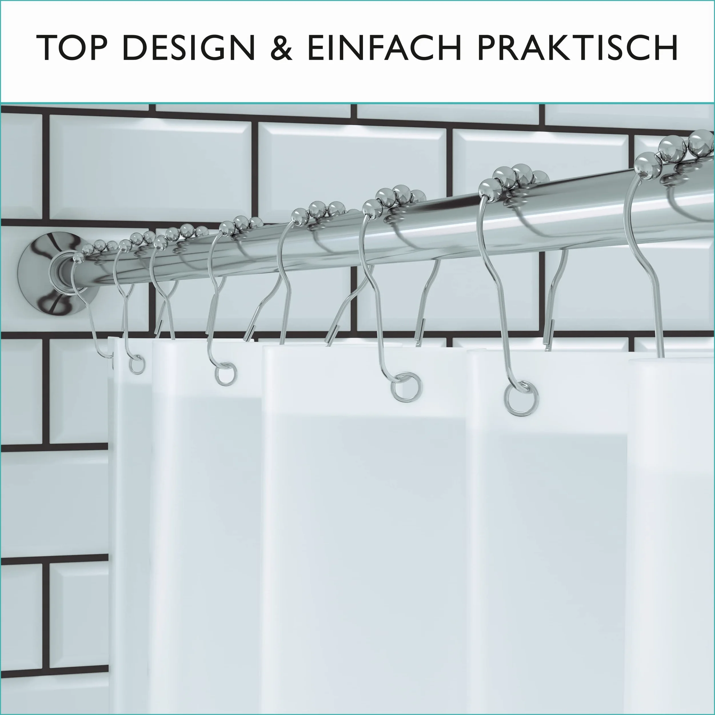 Tringle à rideau de douche télescopique sans perçage avec 12 anneaux, stable, 120 à 215 cm, sans perçage, en acier inoxydable, pour douche et baignoire