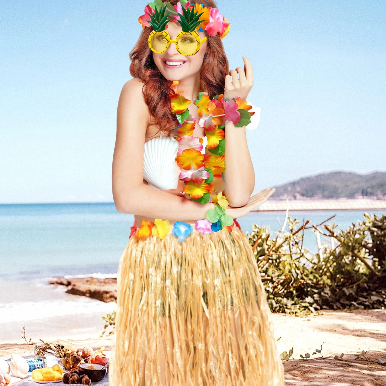 Décorations de fête hawaïennes lot de 6 collier fleurs bracelets bandeau lunettes ananas jupe déguisement adulte