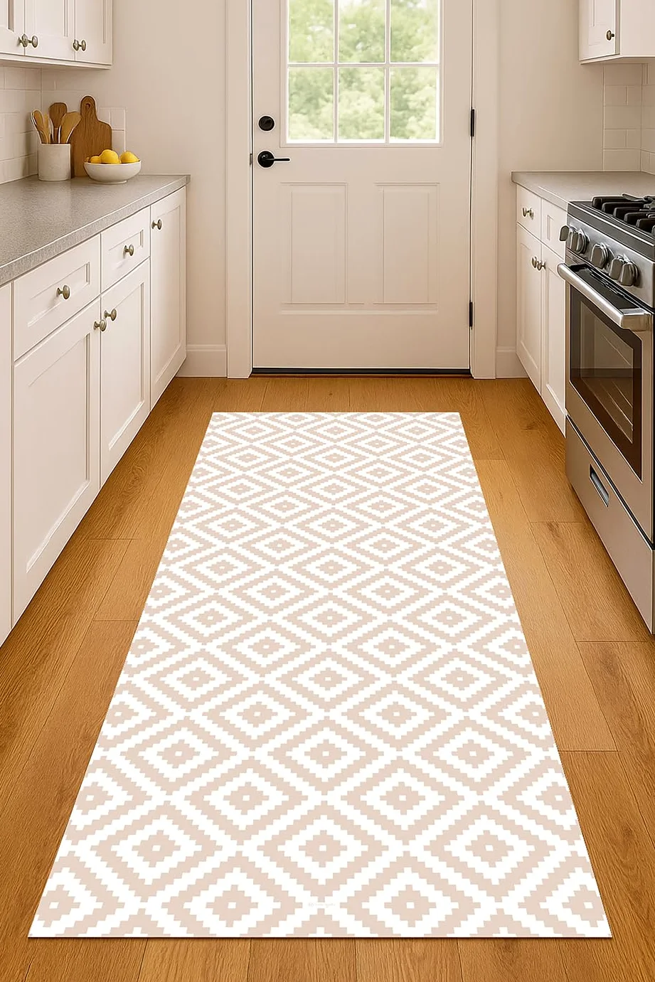 DobleUve Estudio Tapis Vinyle Géométrique | Beige | 65x200 cm | Tapis Cuisine | Tapis de Salon Antidérapant Antifongique Ignifuge | Tapis Enfants | Tapis Bain PVC | Tapis PVC