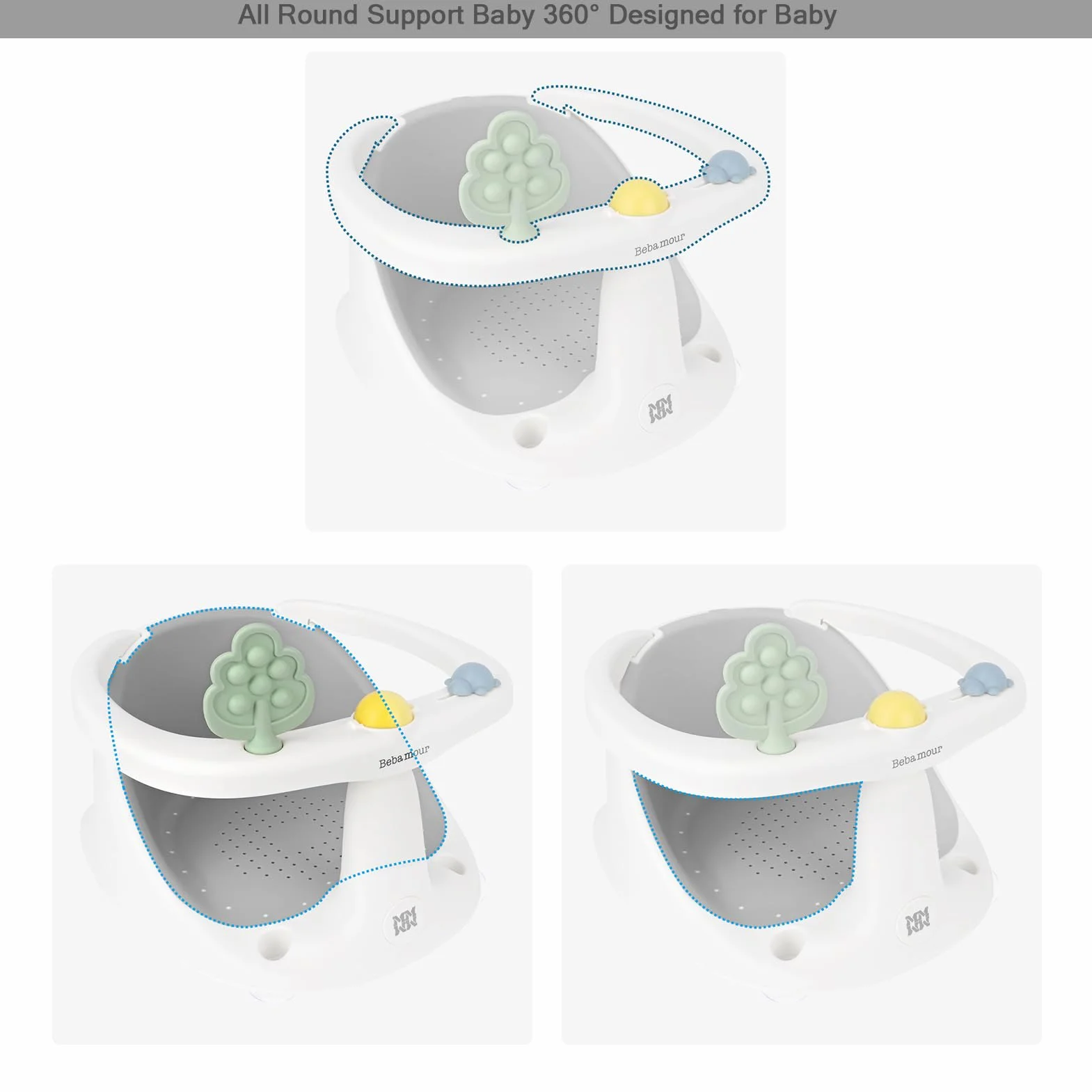 Bebamour Siège de bain bébé 6 mois+ Antidérapante Baignoire avec Jouets Pot à eau