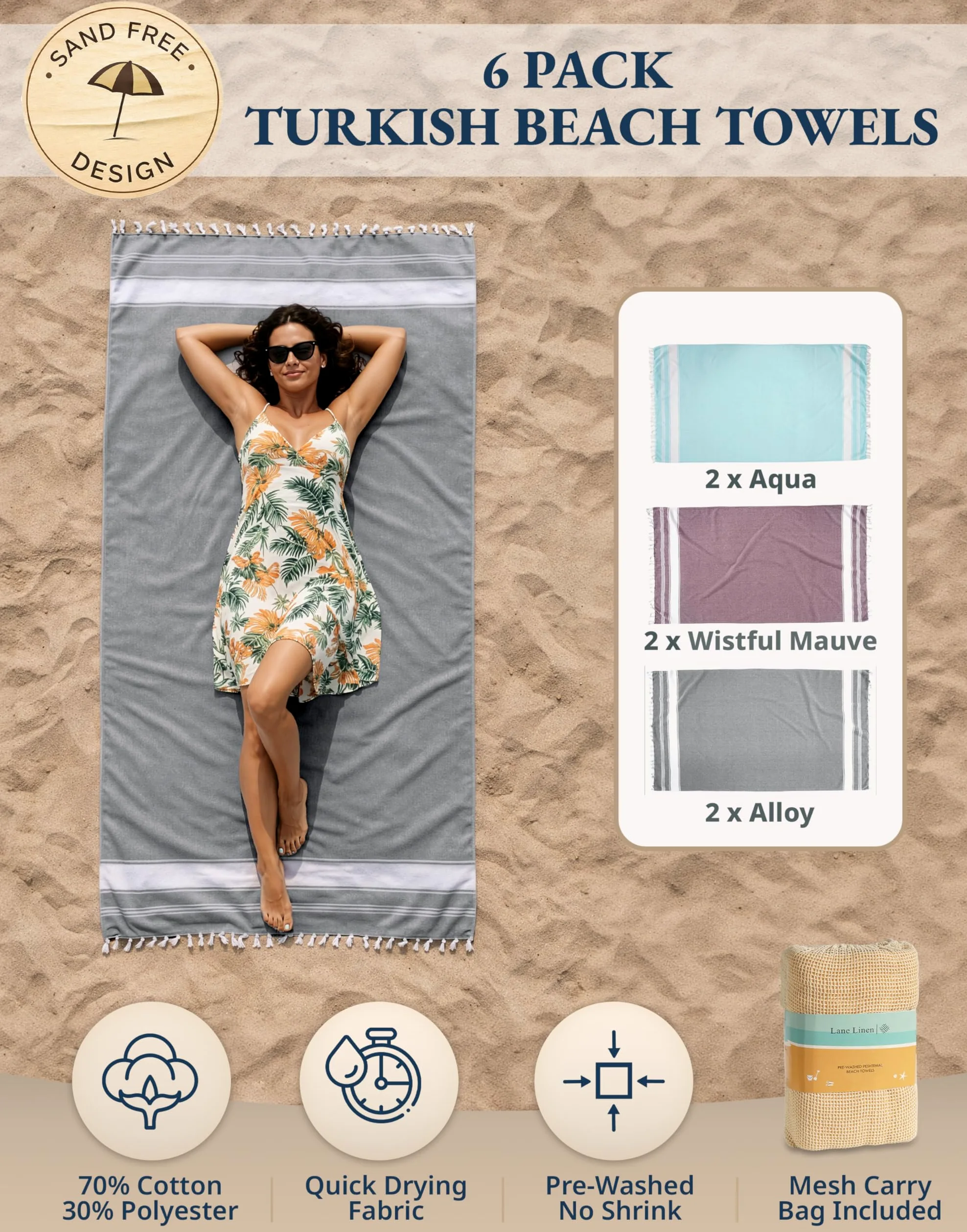 LANE LINEN Lot de 6 serviettes de plage 100 % coton, surdimensionnées, 99,1 x 180,3 cm, serviettes de plage surdimensionnées, absorbantes, très grandes, à séchage rapide, serviette de sable et de