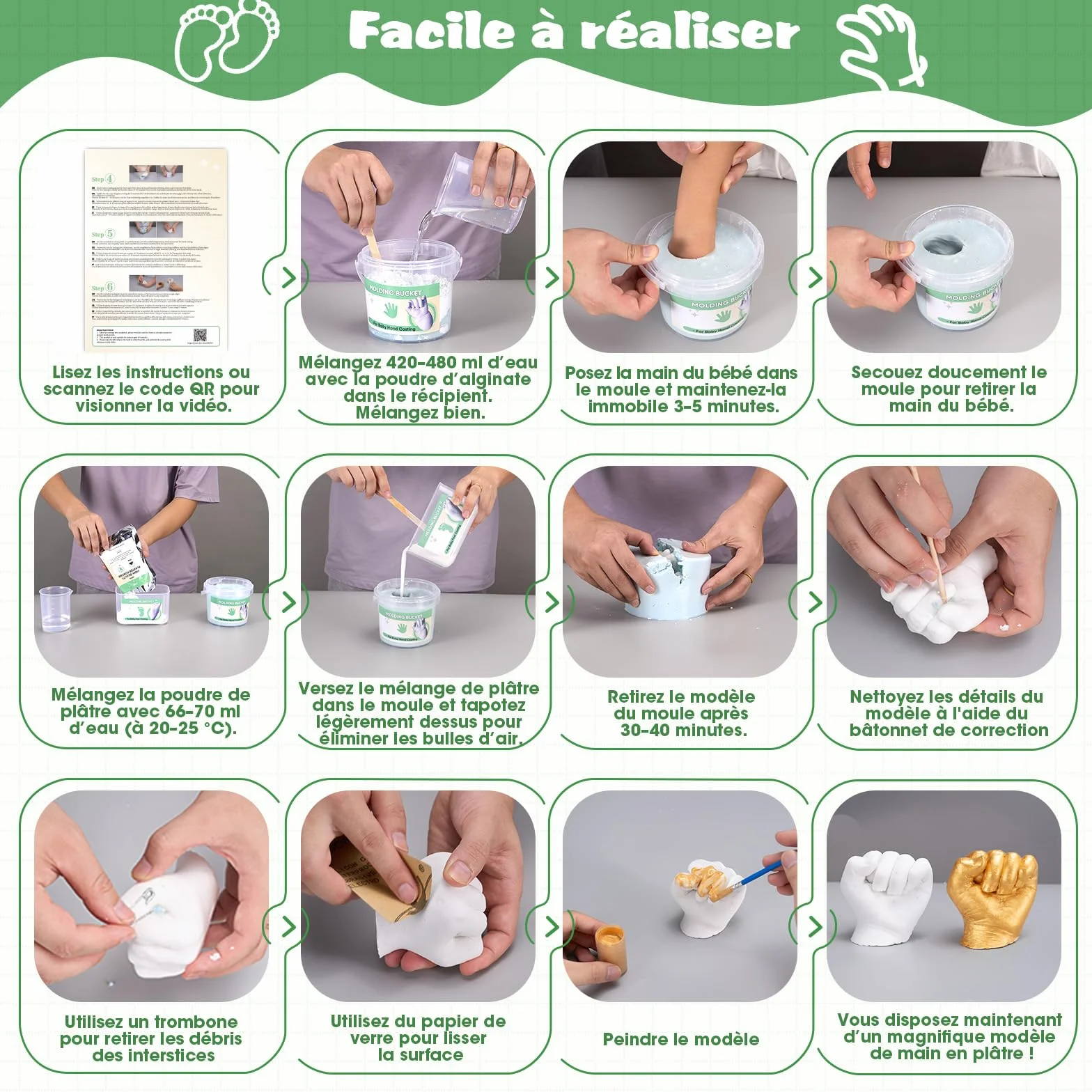 Empreinte Main Pied Bebe 0-9 Mois Kit de Moulage 3D 4 Moulages avec Peintures Non Toxique Souvenirs Personnalisés Cadeau Naissance