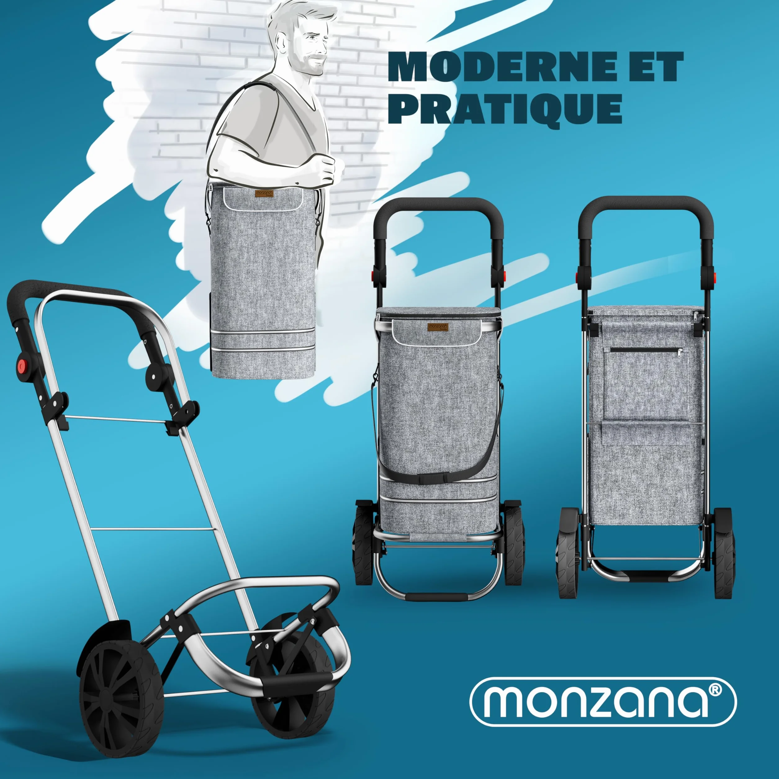 MONZANA Chariot de courses pliable 56 litres 3en1 gris isotherme