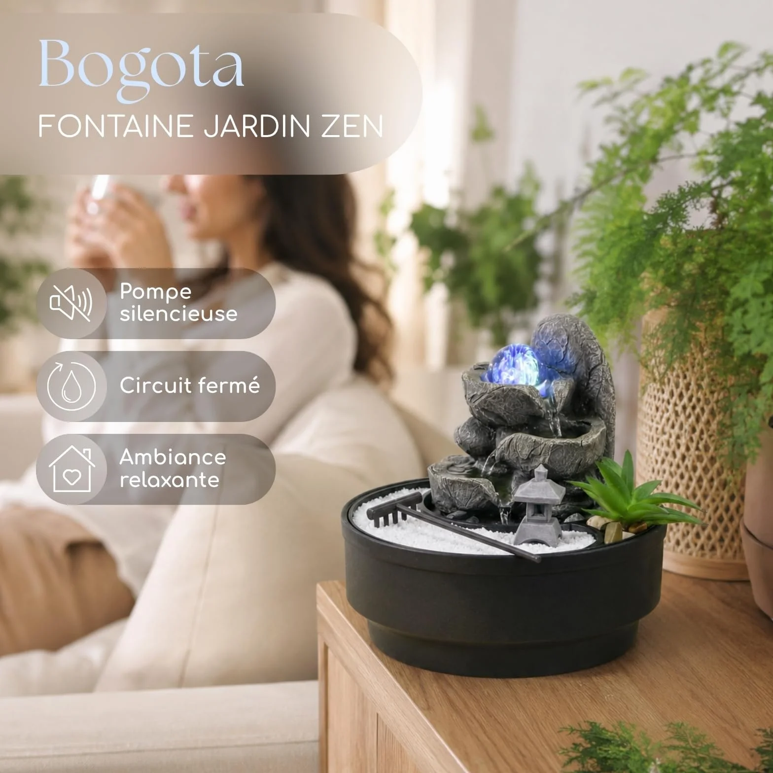 Fontaine d'Intérieur Jardin Zen, Boule de Verre Lumineuse LED Coloré, Circuit Fermé H21 cm