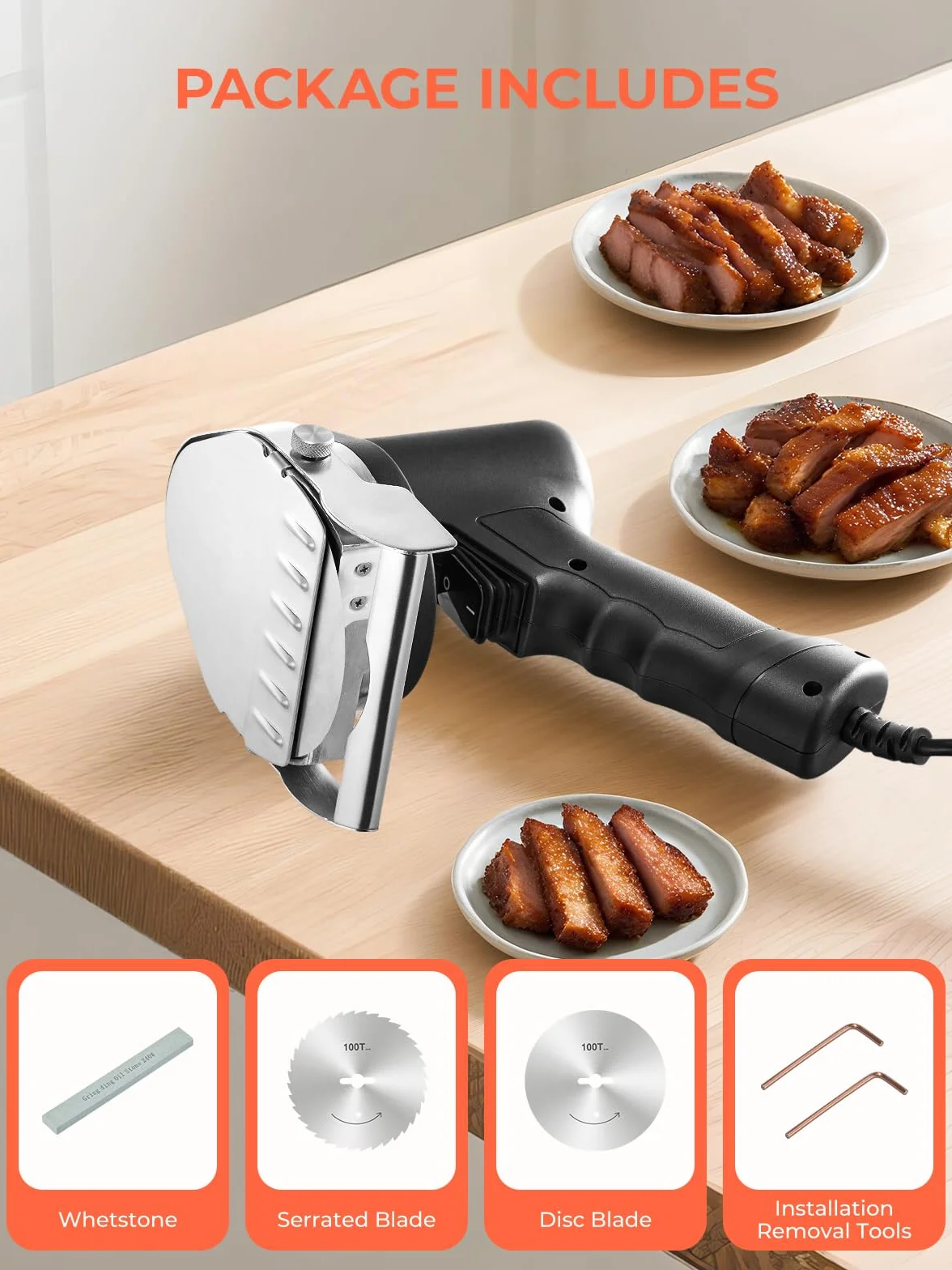 FOHERE Couteau à Kebab Électrique, Trancheuse à Viande Turc, 3800 RPM, 0-8mm, Lames D100 mm