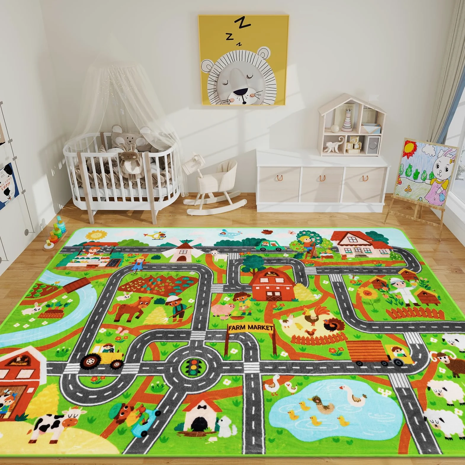 Tapis de voiture pour enfants - 200 x 150 cm - Vie de la ferme - Circulation routière pour salle de jeux - Tapis de rue pour enfants - Carte de village - Tapis de jeu pour tout-petits - Marché