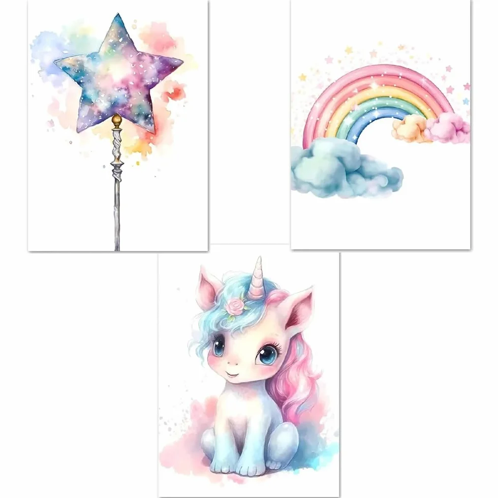 Affiche Arc en Ciel Licorne Chambre Bebe Poster Aquarelle Tableau Toile Decoration Murale 30x40 cm sans Cadre