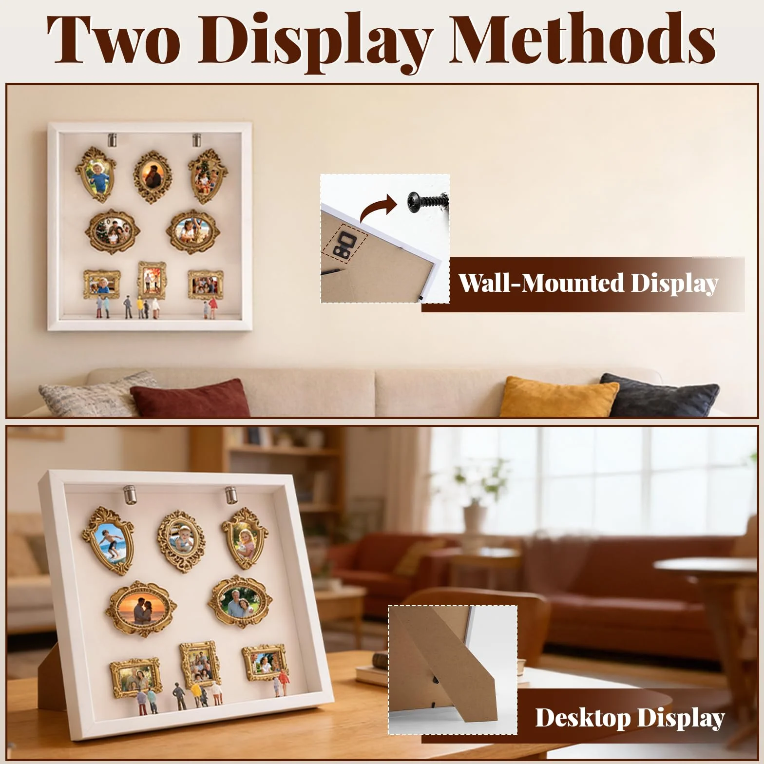 Coffret DIY Mini Musée Silhouette Shadow Box avec Éclairage LED, 8 Cadres Dorés & Figurines Aléatoires