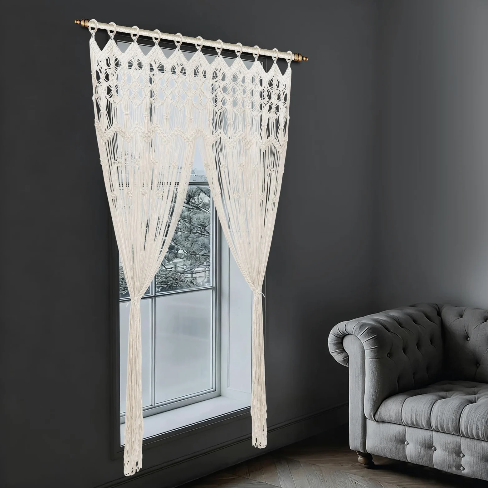 Rideau en macramé - Style bohème - Tapisserie murale - Rideau de fenêtre - Rideau en coton - Séparateur de pièce - Tissé - Rideau décoratif pour salon, chambre à coucher - 120 x 195 cm