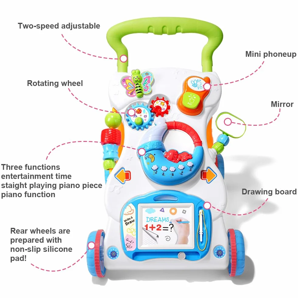 Trotteur en bois avec roulettes, Poussette de Bébé, Centre d'activités d'apprentissage précoce, Jouet éducatif Multifonctionnel
