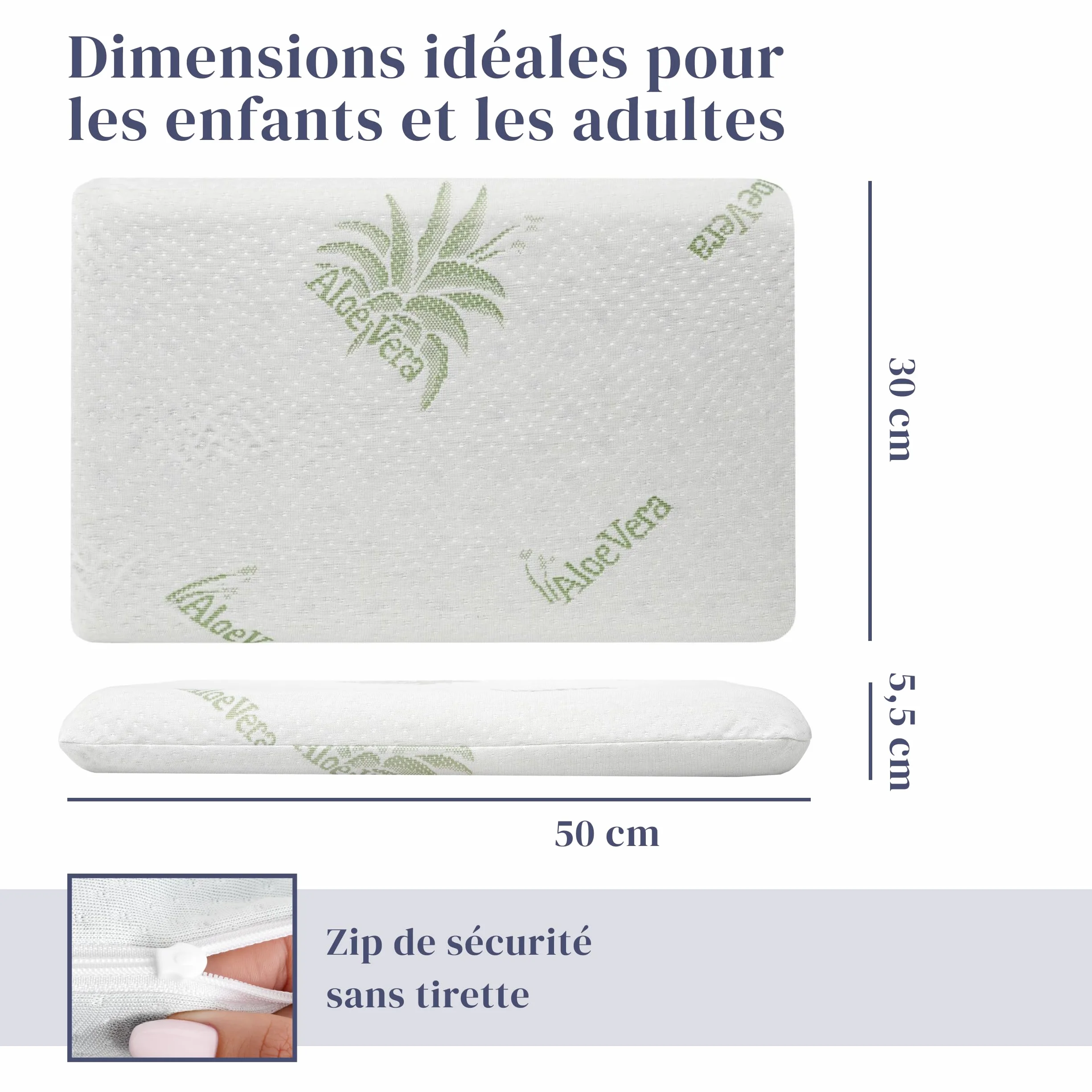 Oreiller Enfant Anti-Étouffement 30x50x5,5 cm Mousse à Mémoire de Forme Oeko-TEX® CertiPUR™ Housse Amovible Aloe Vera 2 Ans Fabriqué Italie