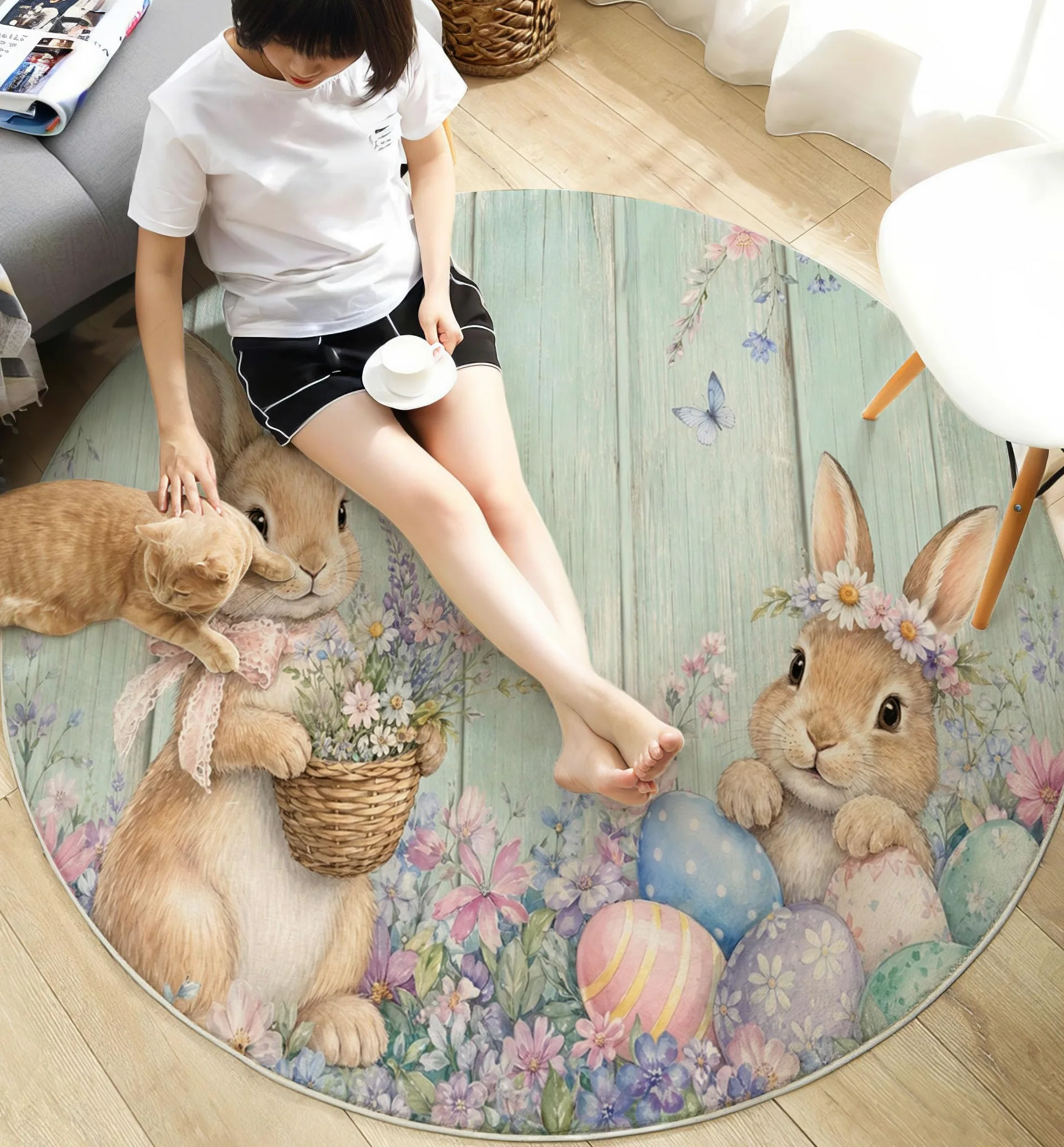 Tapis Rond Lavable Antidérapant Lapin De Pâques Mignon | Campagne Fleurs Grain De Bois Rond Tapis 120 Cm Doux Poil Ras Pour Salon Chambre Bureau, Vert Menthe Moquette Circulaire