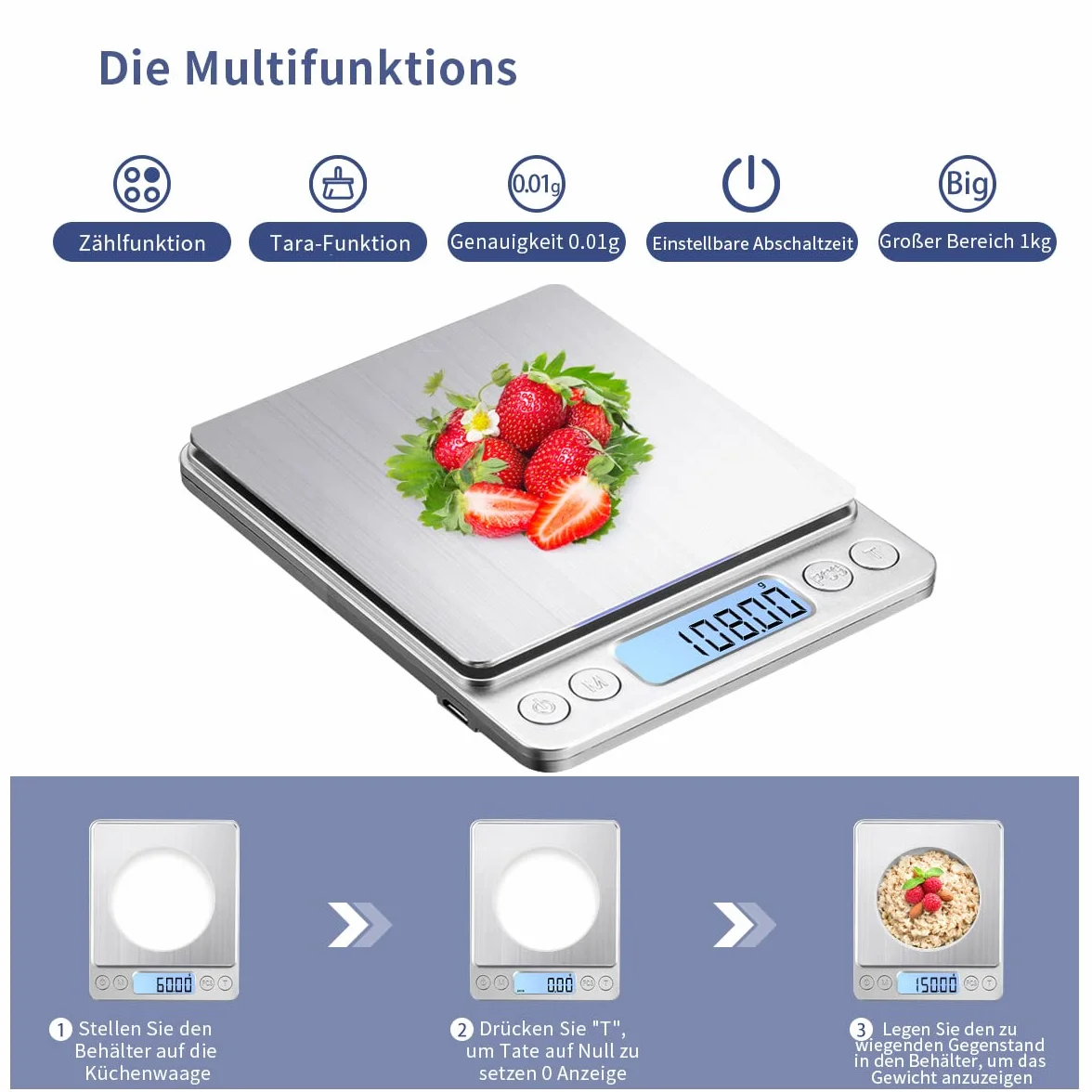 Balance de cuisine numérique de précision - Charge USB - 1 kg - 0,01 g - Haute précision - En acier inoxydable - Surface de pesée - Idéale pour bijoux, pièces de monnaie, poudre
