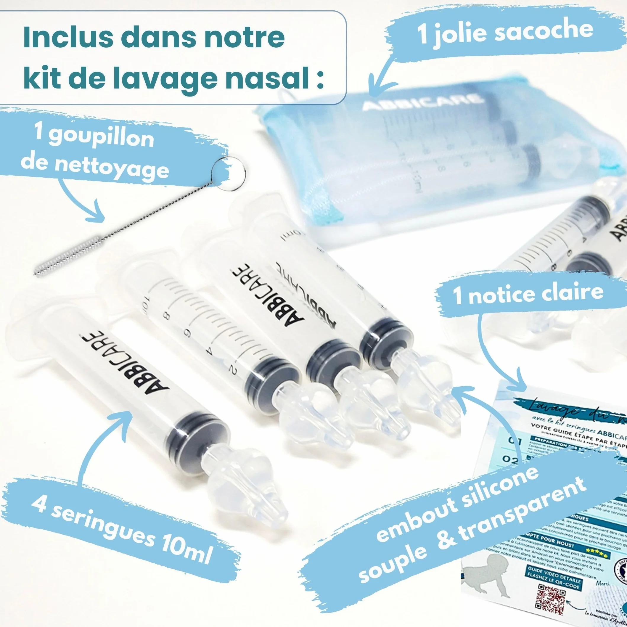 ABBICARE™ Mouche bébé seringue nasale 10ml sans BPA Kit 4 seringues embouts silicone