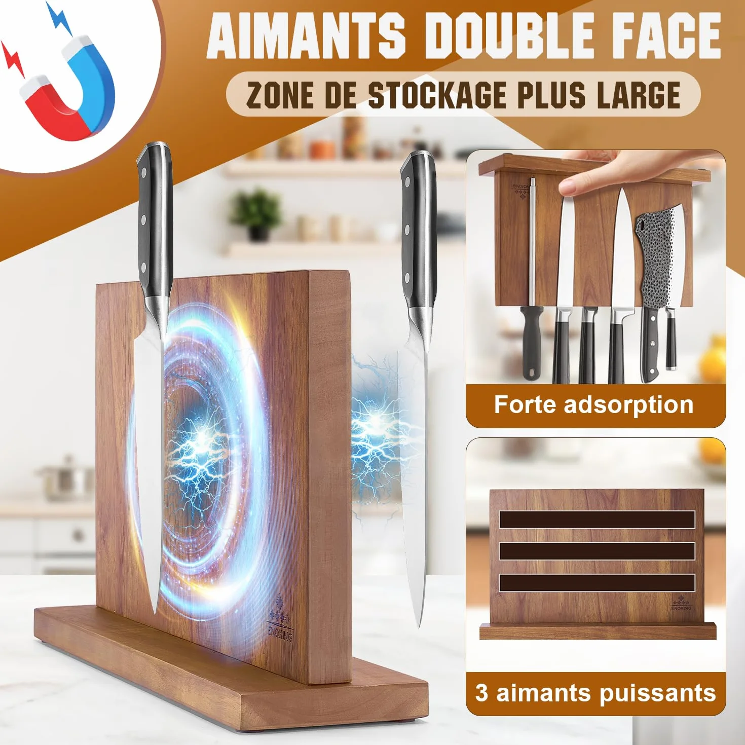 ENOKING Bloc à Couteaux Magnétique 38,6 x 23 cm Double Face Bois d'Acacia