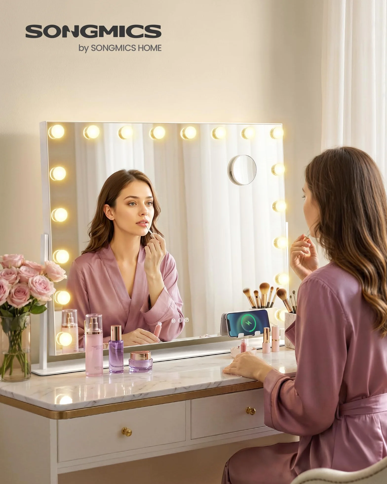SONGMICS Miroir de Maquillage LED 80x60 cm 18 Ampoules 10x Grossissant Détachable 3 Températures