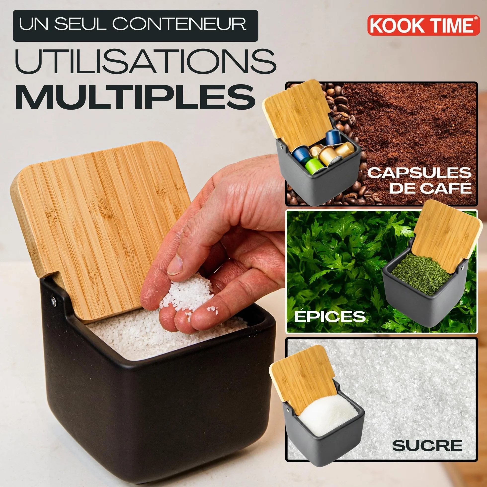Boîte à sel cuisine céramique avec couvercle bambou 11.5 cm noir