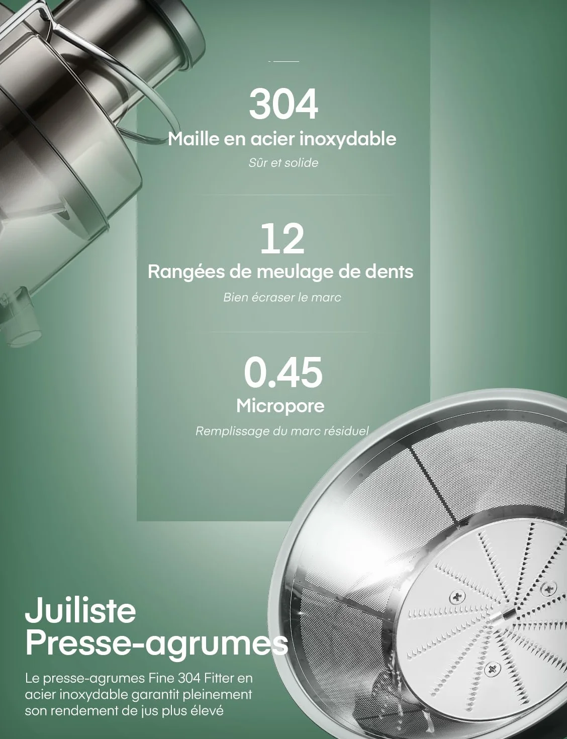 JUILIST Centrifugeuse Extracteur de Jus, Goulotte 65 mm, 3 Réglages, Sans BPA