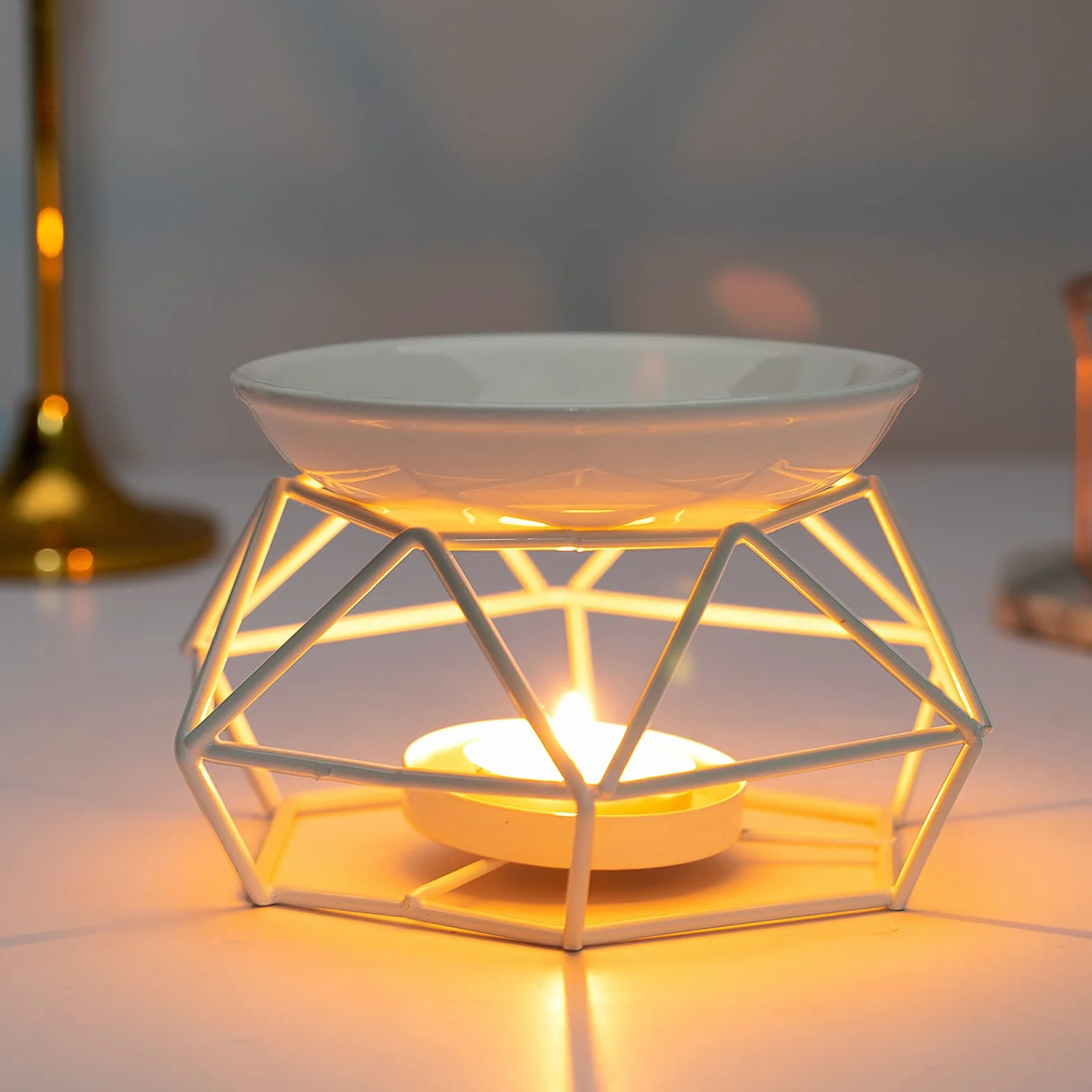 Lampe à Bougie Parfumée Métal Support Bougie Chauffe-Plat Blanc
