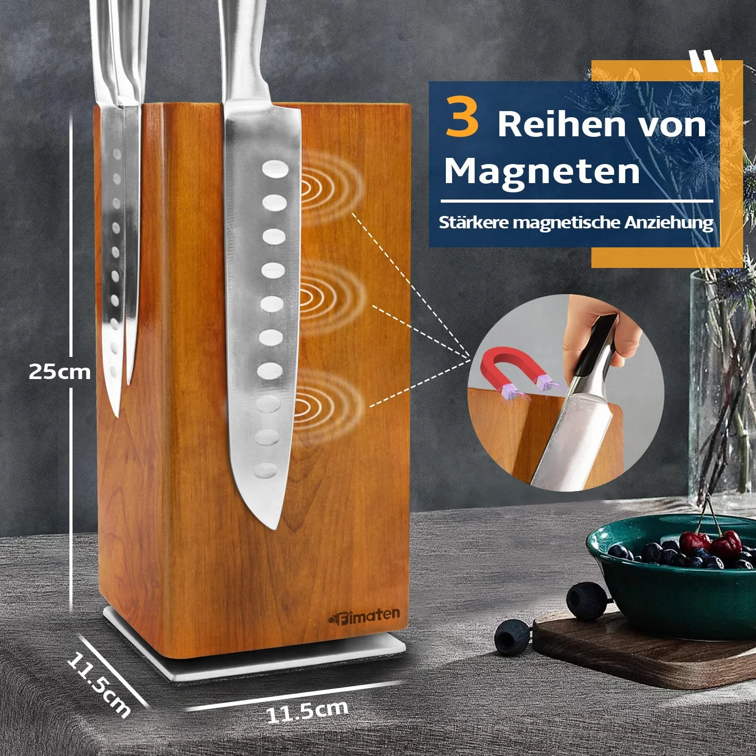 Bloc couteau magnétique en bois d'acacia pivotant 360°, universel, 25x11,5cm