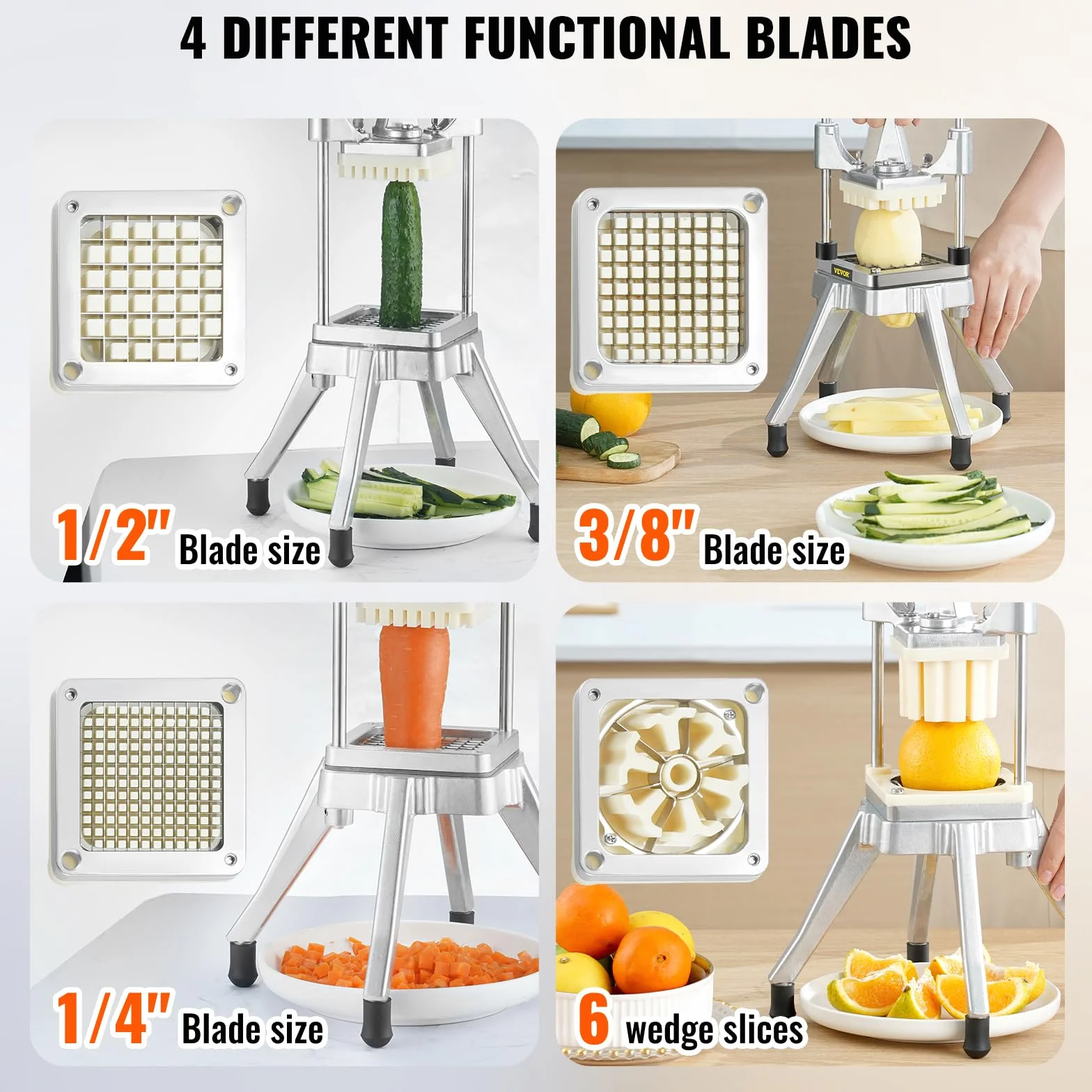VEVOR Coupe-Frites Professionnel Manuel Coupe-Légumes Multifonction 4 Lames en Inox 12,7/6,4/9,5 mm