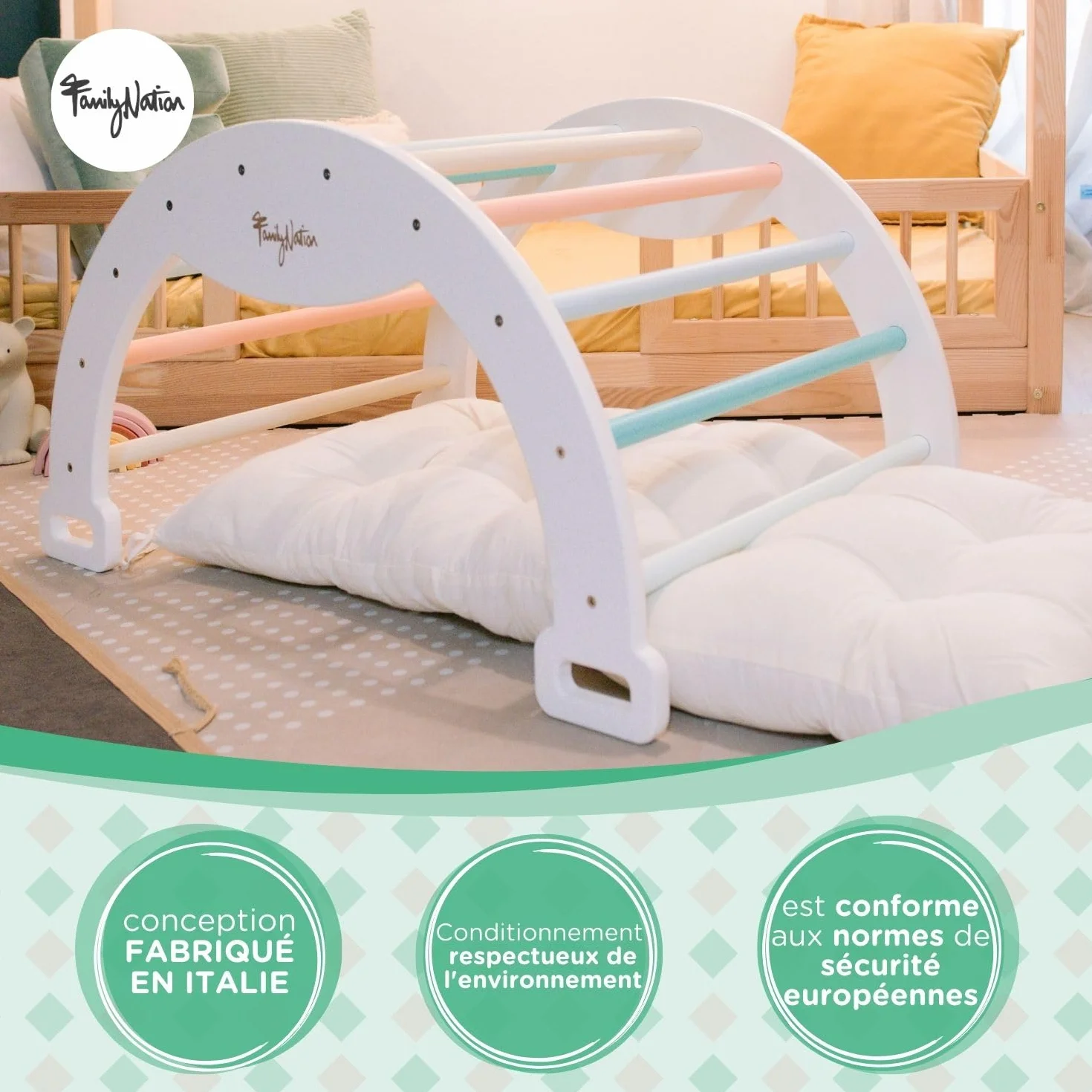 Coussin pour Arche d'escalade Rainbow Family Nation, Jouet Montessori 94x44x8 cm, Laine Pelucheuse, Lavable en Machine