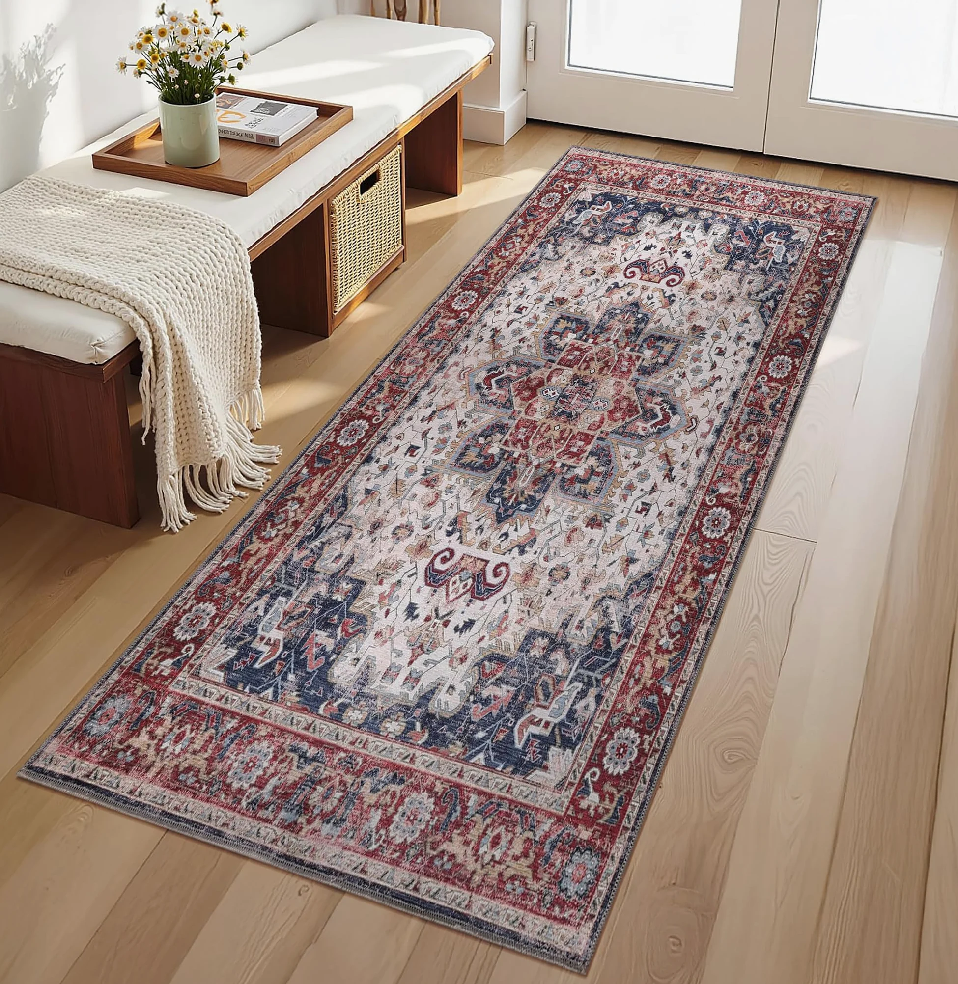 Tapis de salon lavable en machine - 80 x 150 cm - 4 mm d'épaisseur - Tapis chenille vintage avec envers en coton antidérapant - Tapis doux et lavable à poils courts pour chambre à coucher