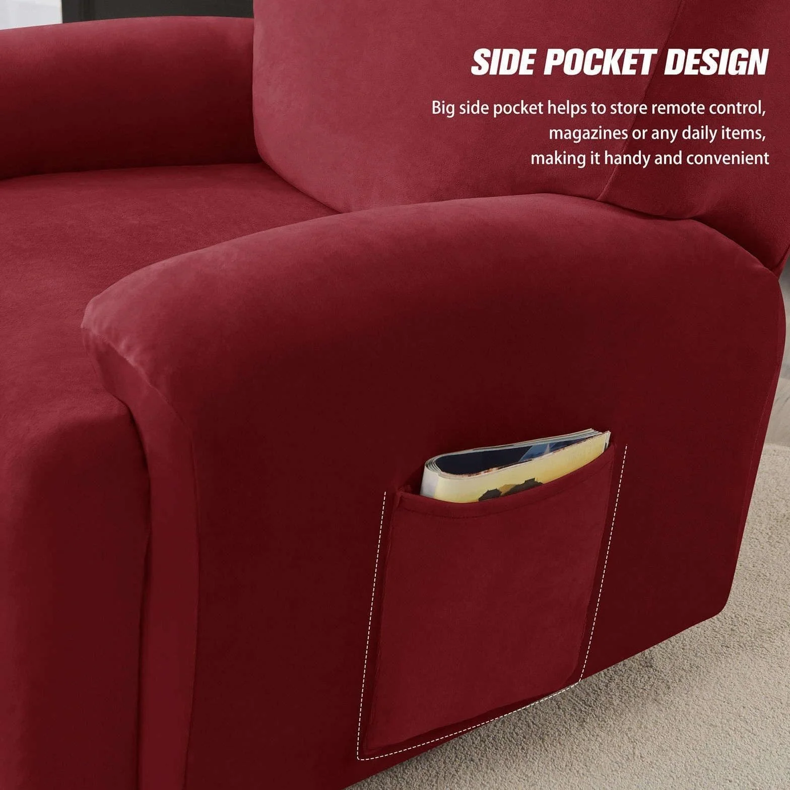 Housse de Fauteuil inclinable Velours Extensible 4 pièces Protection antidérapante Poche latérale Wine Red