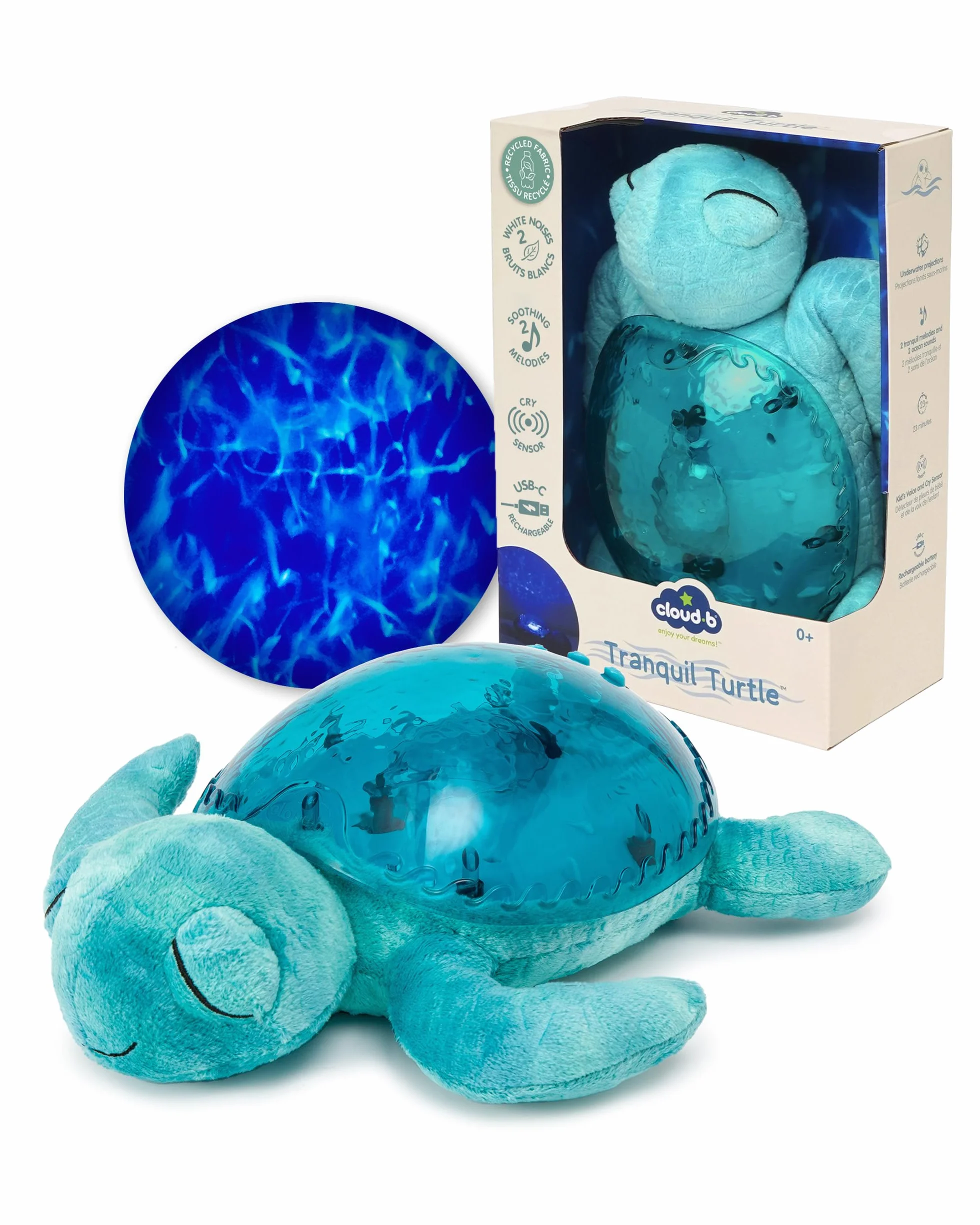 Cloud b Tranquil Turtle Aqua Veilleuse musicale et lumineuse tortue projecteur d’océan rechargeable