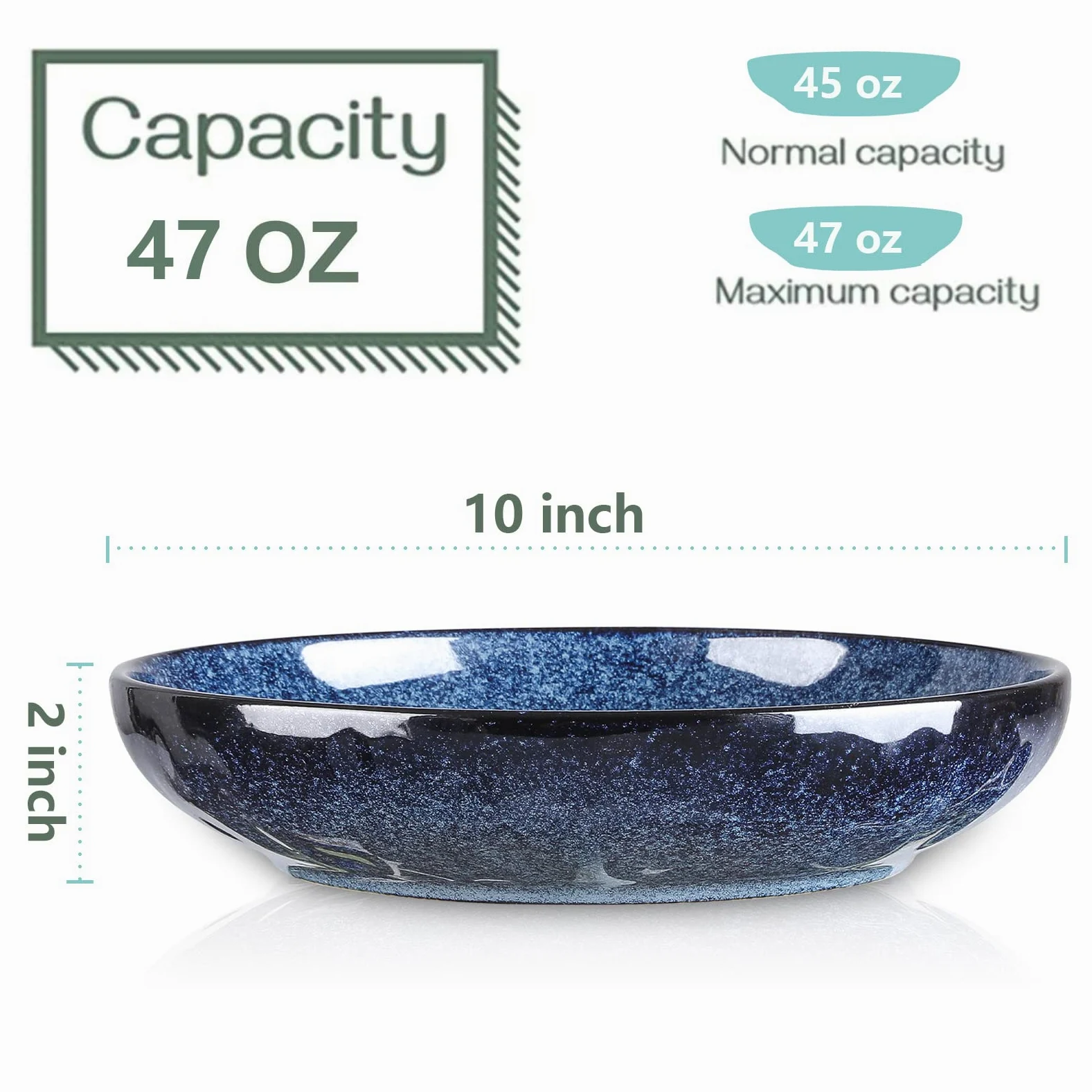 vicrays Grands bols de service à salade et pâtes en céramique - Large et peu profond - 1,3 l - Grandes assiettes plates en porcelaine - 25,4 cm - Design plat - Bleu - Passe au micro-ondes et au