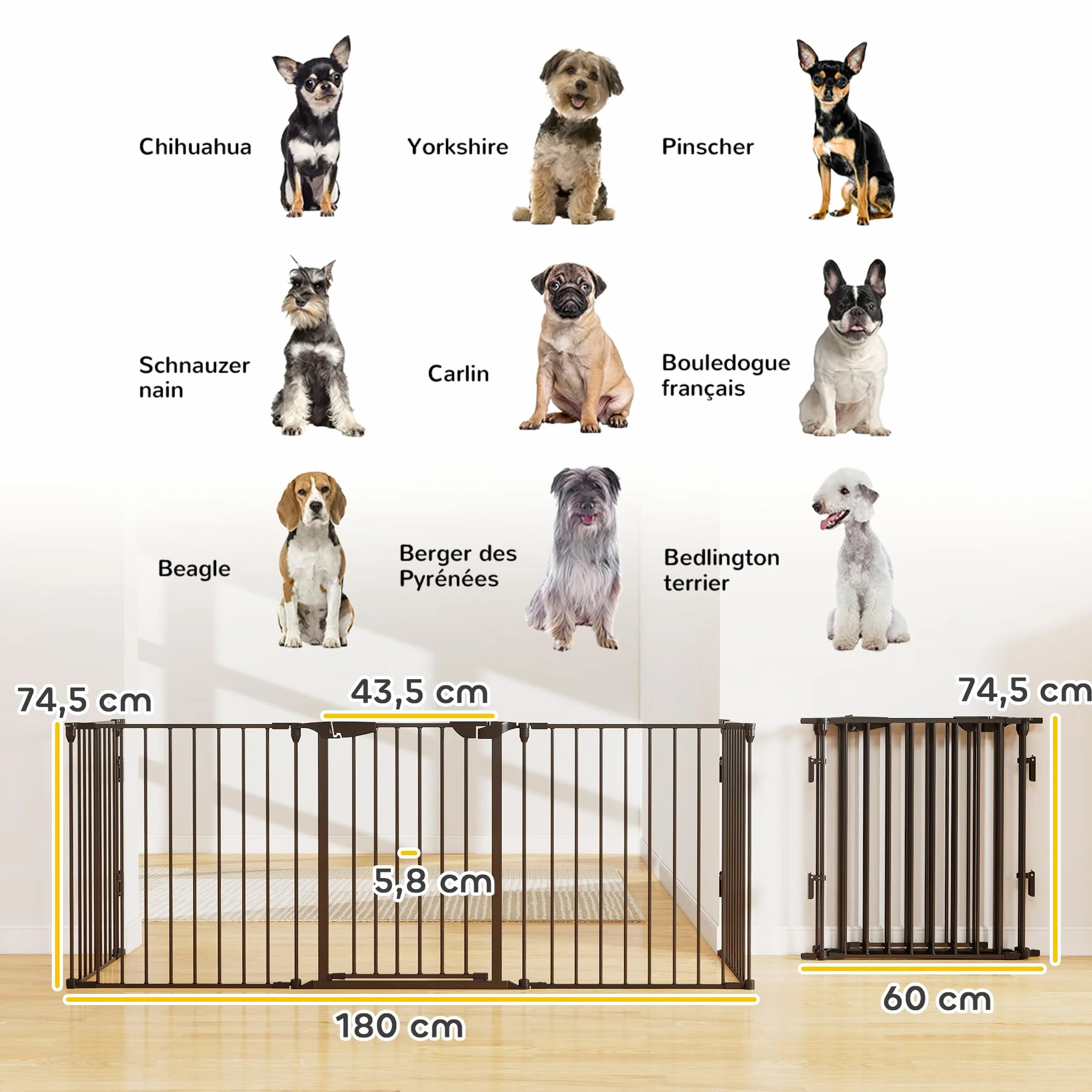 PawHut Barrière de sécurité Parc enclos Chien modulable Pliable Porte intégrée 300L x 74,5H cm métal PP Noir