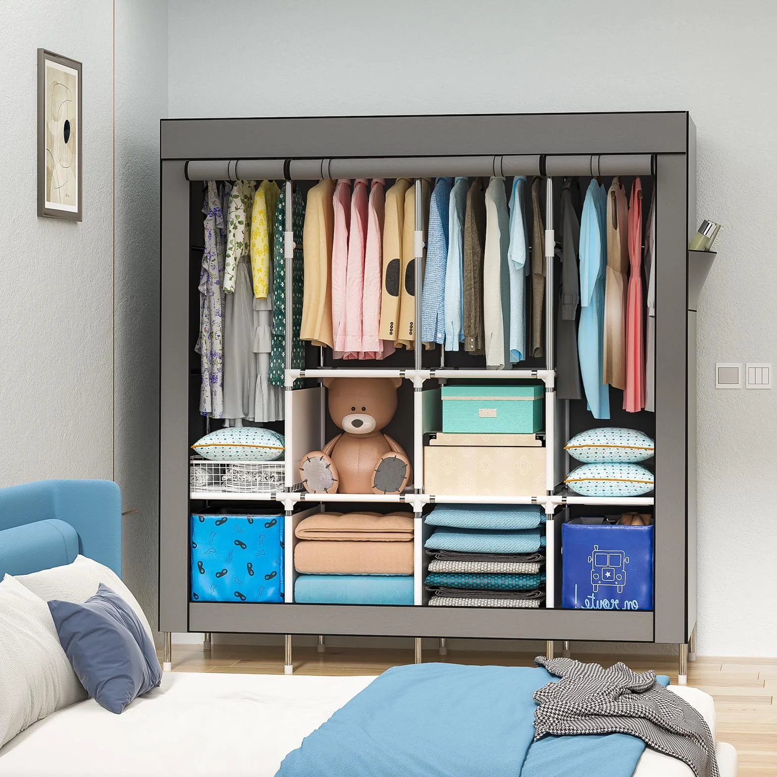 Mihoho Armoire à vêtements portable de 170 cm, organisateur de vêtements en métal, armoire autonome avec housse en tissu Oxford noir, 165 x 170 x 45 cm (gris, extra large)