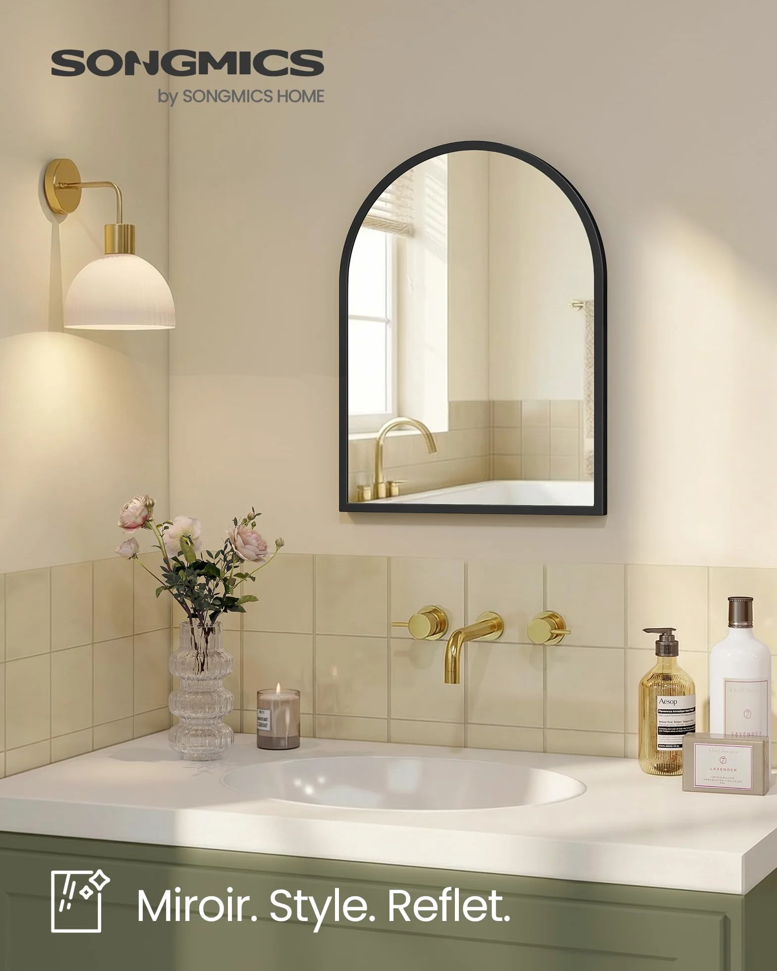 SONGMICS Miroir Salle de Bain Mural Arqué 40 x 30 cm Cadre Aluminium Noir d'encre LWM013BD01