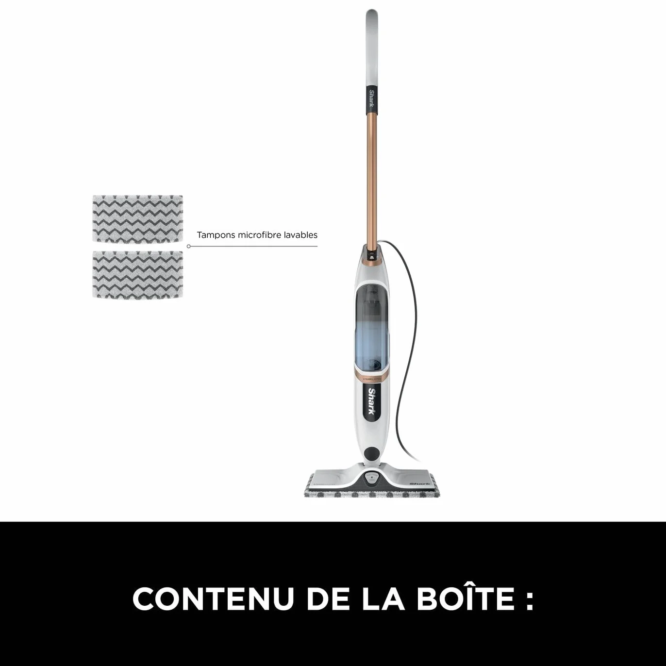 Shark SteamSpot S2001EU Balai vapeur pour sols durs, léger, sans produit chimique, réservoir amovible, 2 tampons Dirt Grip lavables, Blanc et Cuivre