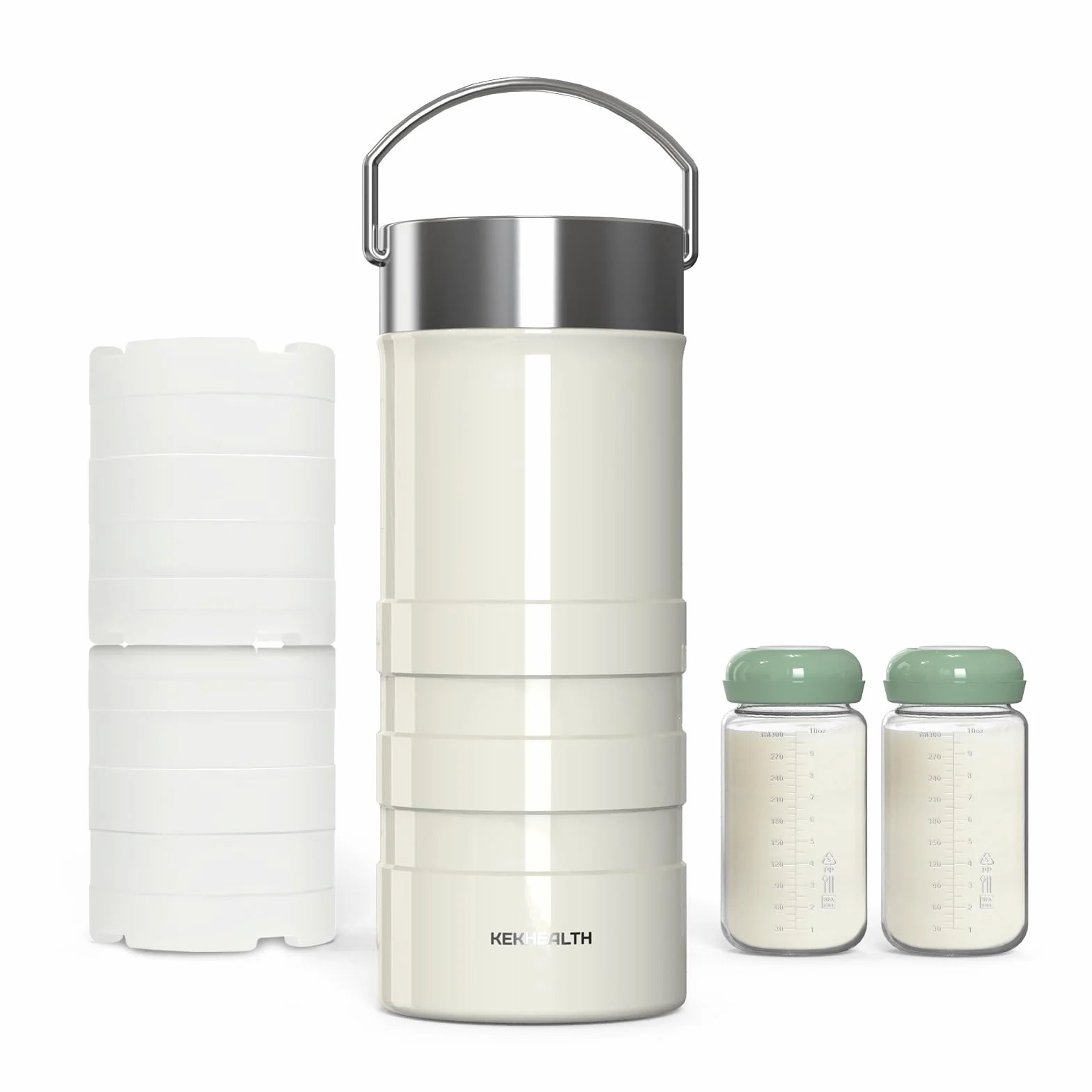 Refroidisseur lait maternel 650 ml acier inoxydable, anneau gel 360°, 2 bouteilles 325 ml sans BPA, anti-fuite
