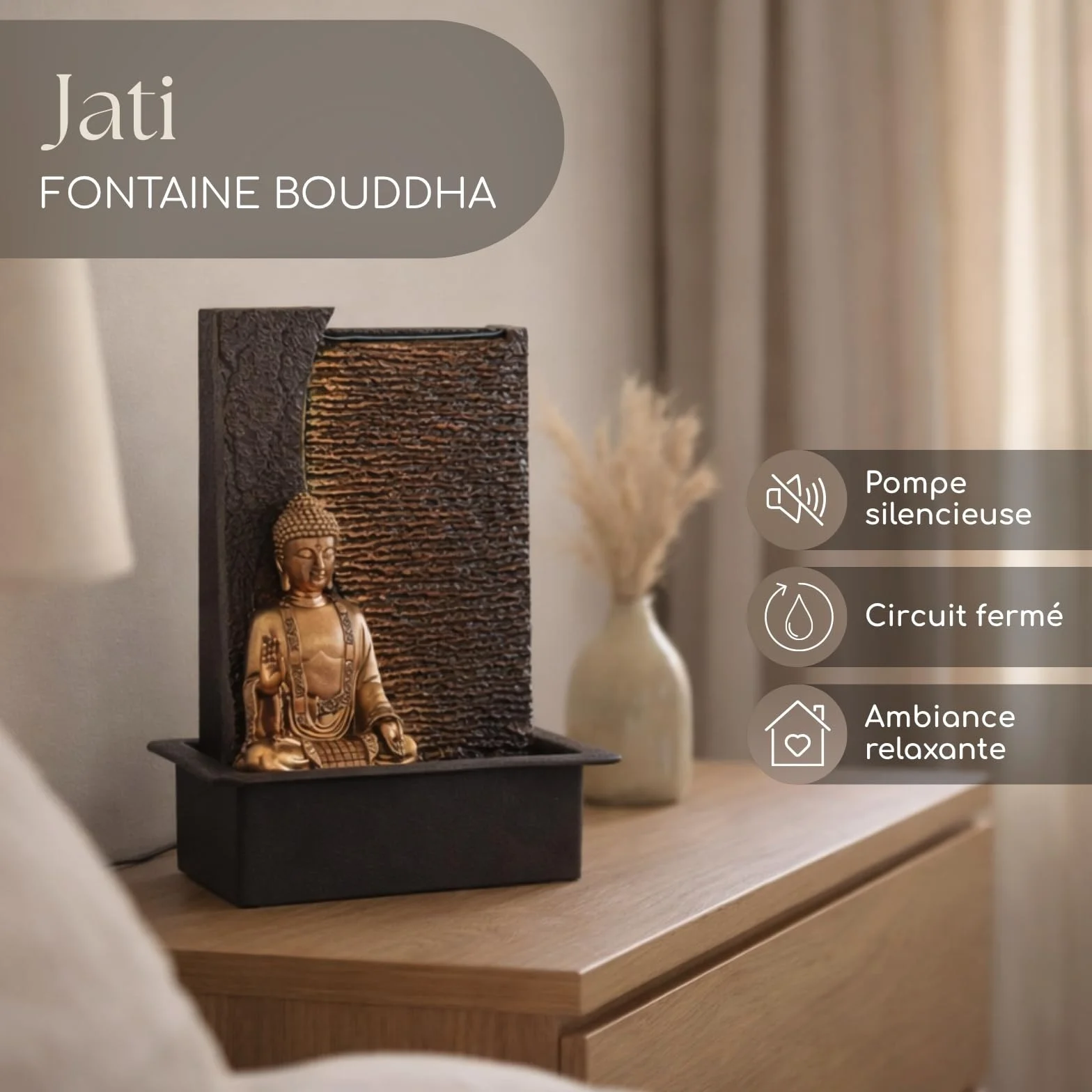Fontaine d'Intérieur Bouddha Zen'Light Jati H 40cm avec Bandeau LED Jaune et Pompe Silencieuse