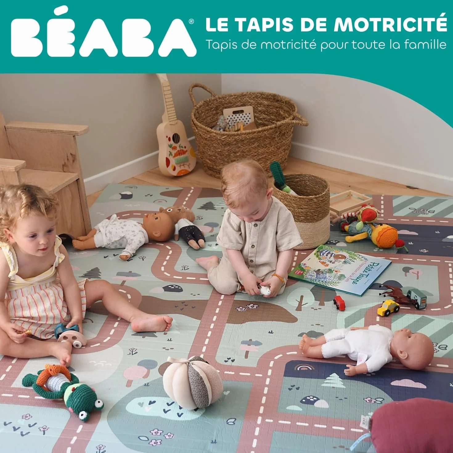 BÉABA Tapis de Motricité XXL 200x150 cm Réversible 2 Faces Mousse Haute Densité 1,5 cm Imperméable Pliable Sac de Transport