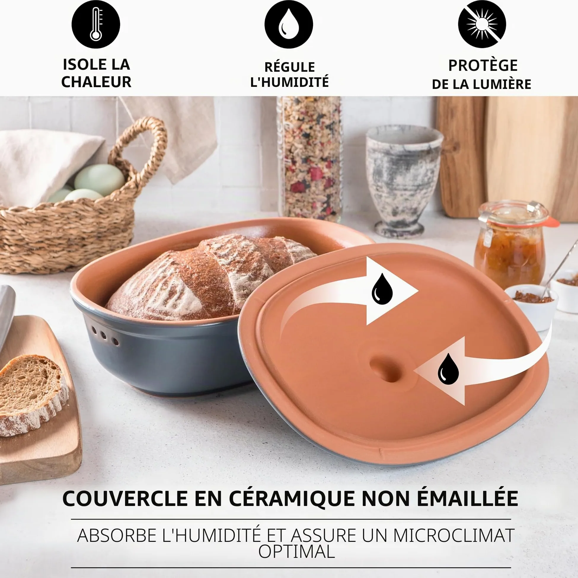 Römertopf Pot à pain en céramique naturelle, idéal pour ranger le pain et les pâtisseries 30x21x14,5 cm bleu-gris